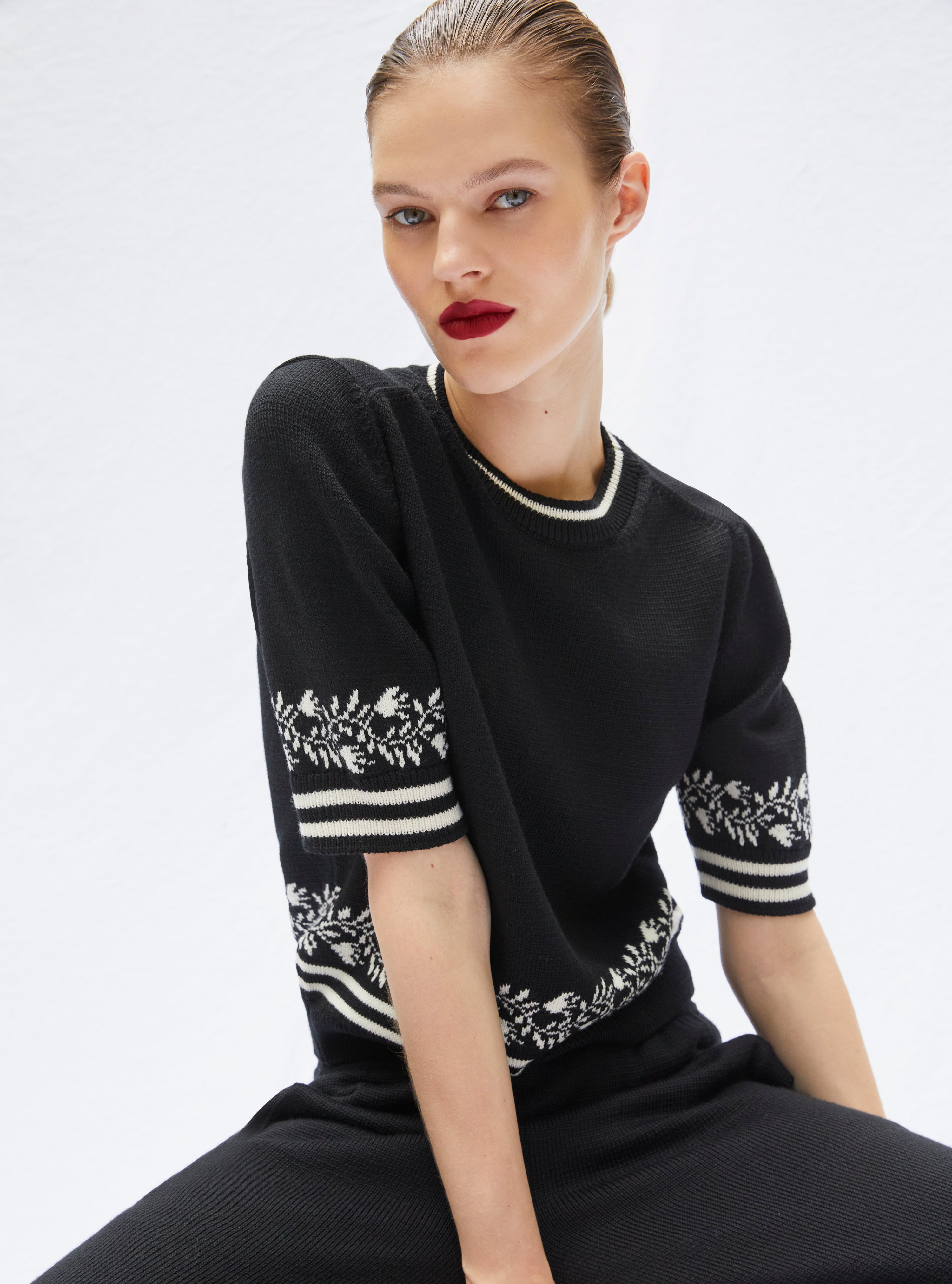 Top maille détails jacquard noir profond - Top de luxe