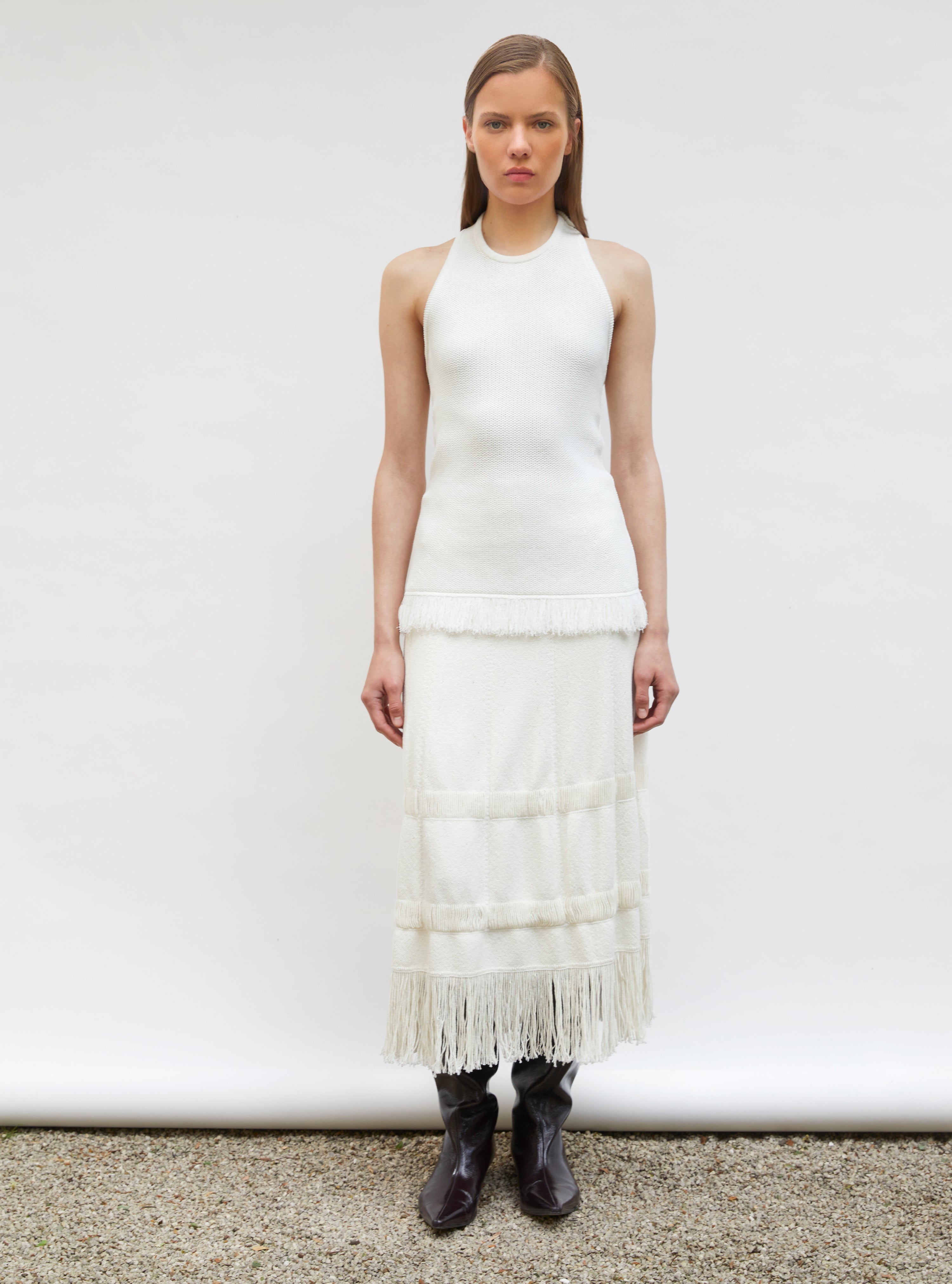 Jupe de luxe femme - jupe crayon maille à franges naturel