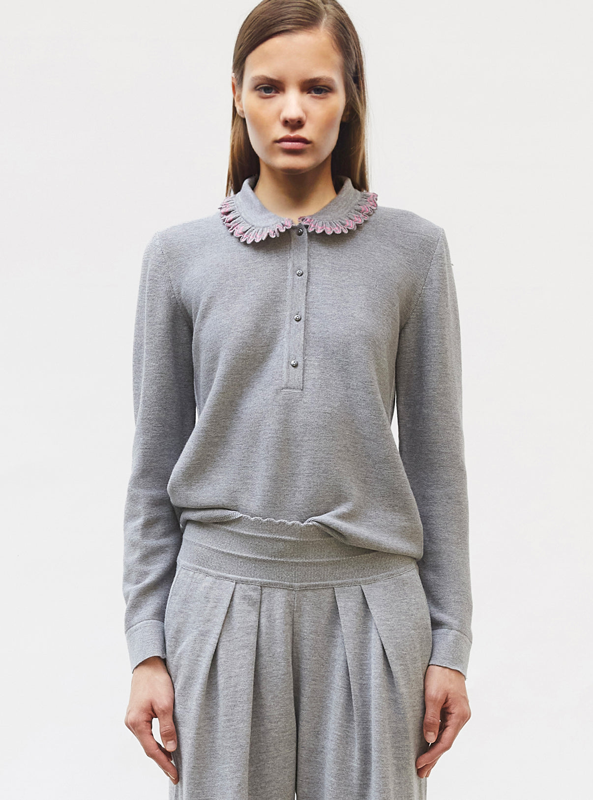 Top chemisier à col volanté Gris moyen rose fluo - Vêtement de luxe femme