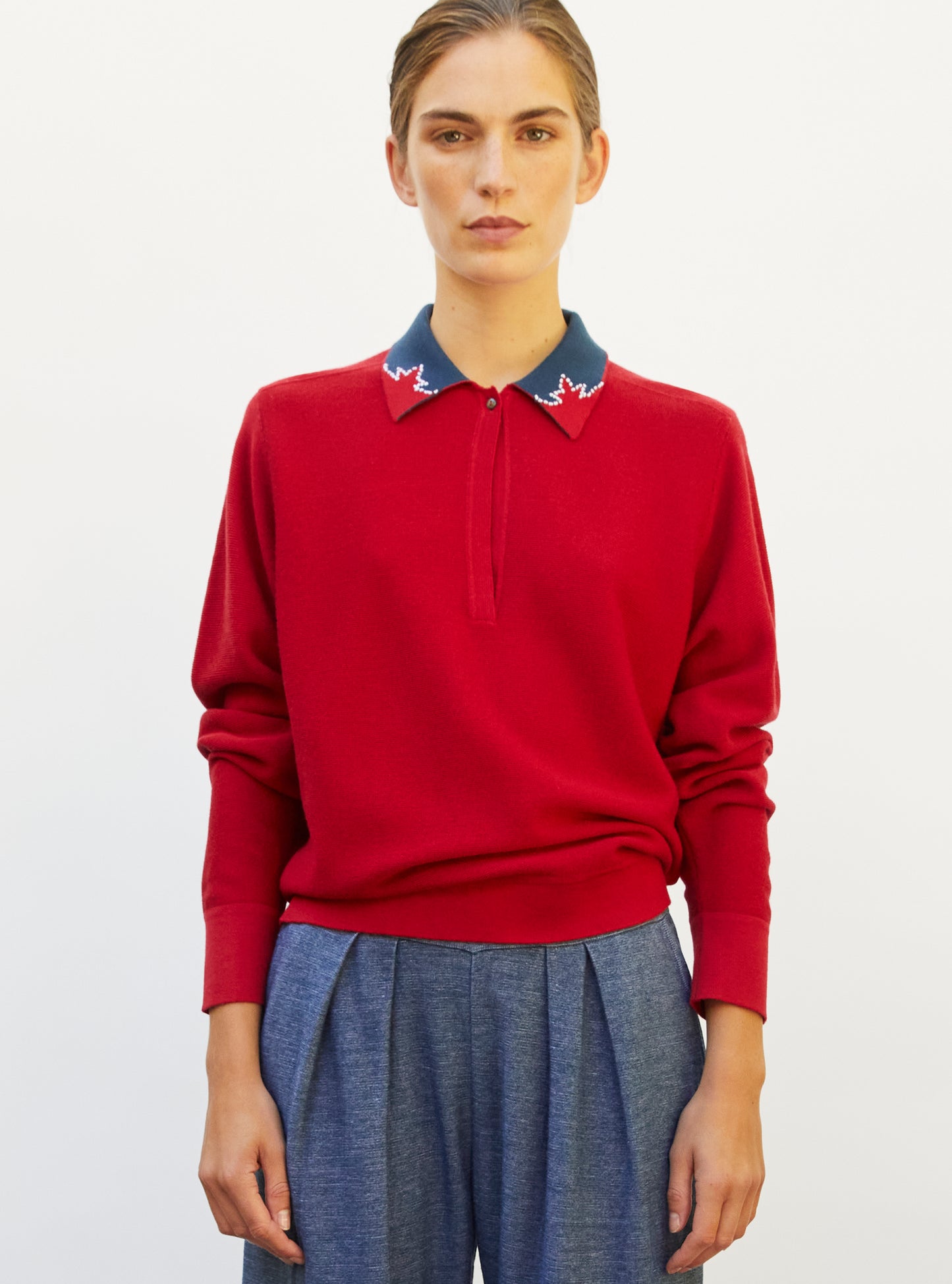 Chemise maille col graphique grenat-blueberry-milk - Vêtement en maille de luxe Molli