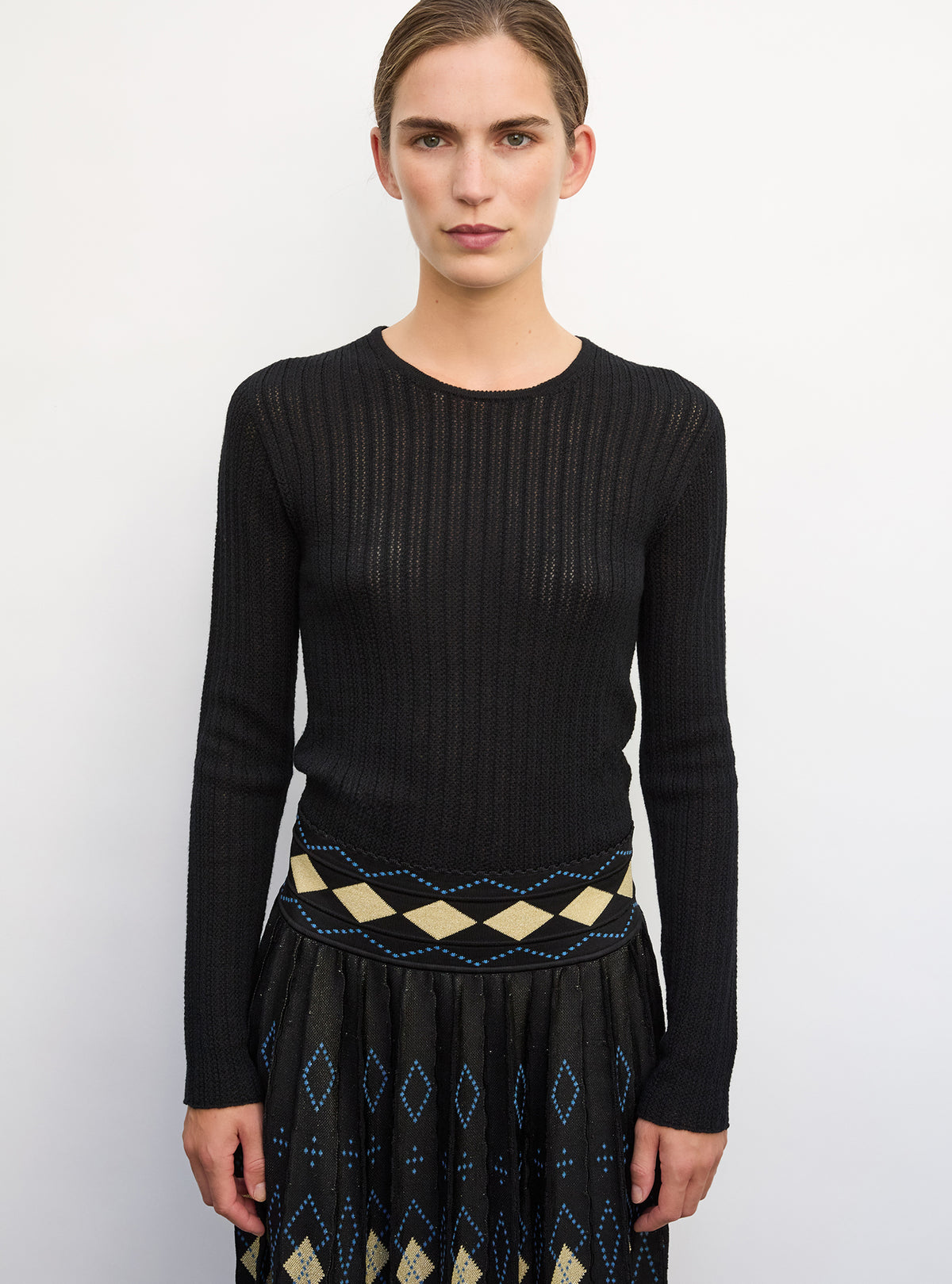 Top fin maille pointelle Noir profond - Vêtement en maille de luxe Molli