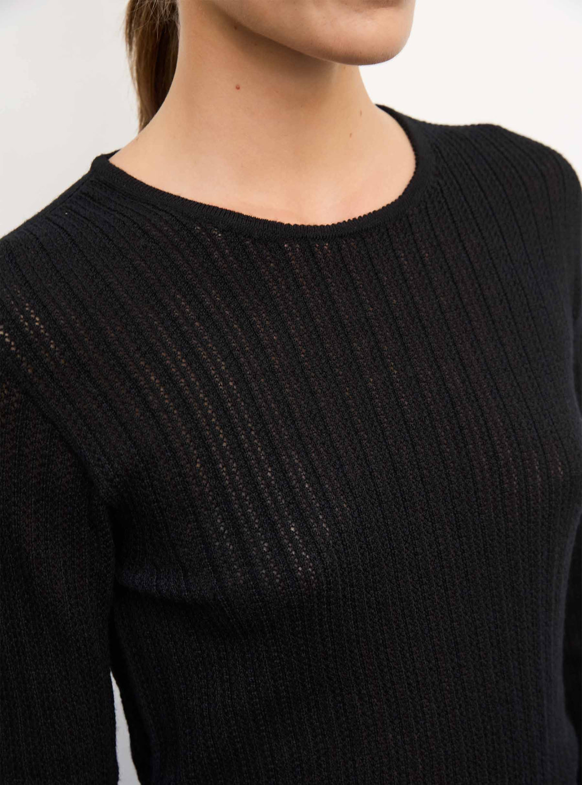 Tops, blouses de luxe femme - Top fin maille pointelle Noir profond