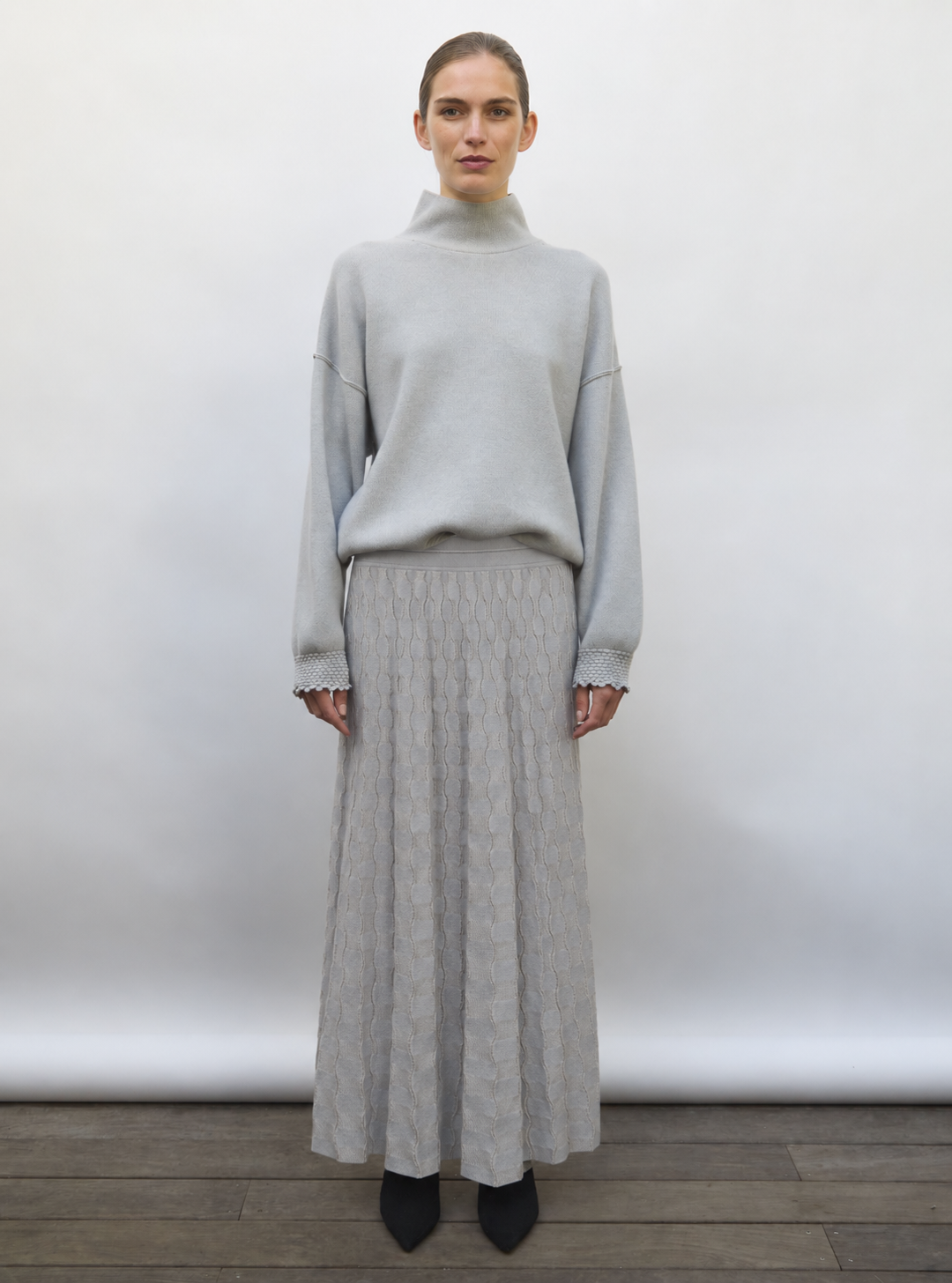 Pull montant détails smockés  gris souris - Vêtement en maille de luxe Molli