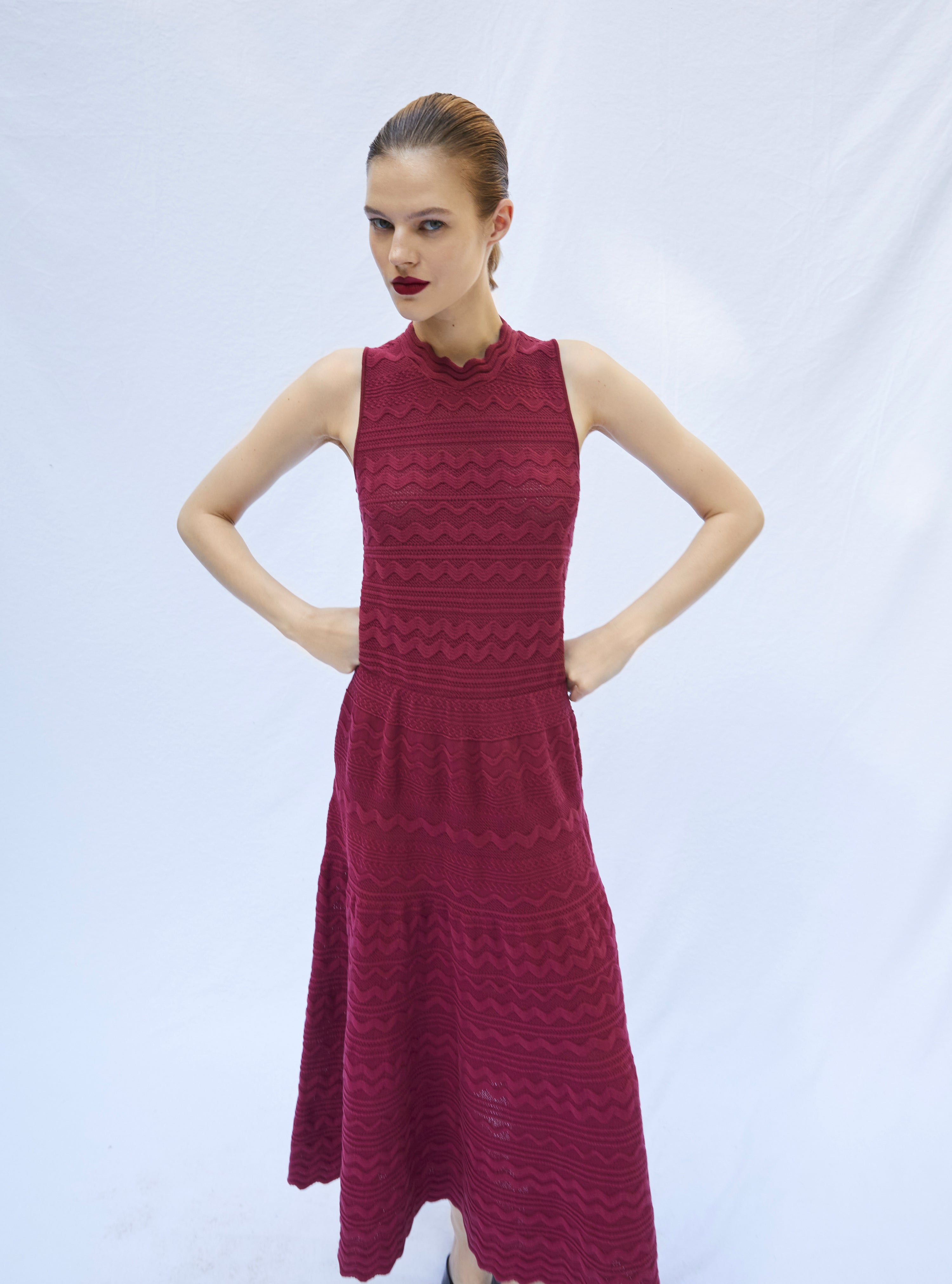 Robe de luxe femme - Robe longue en maille croquet rouge brûlé