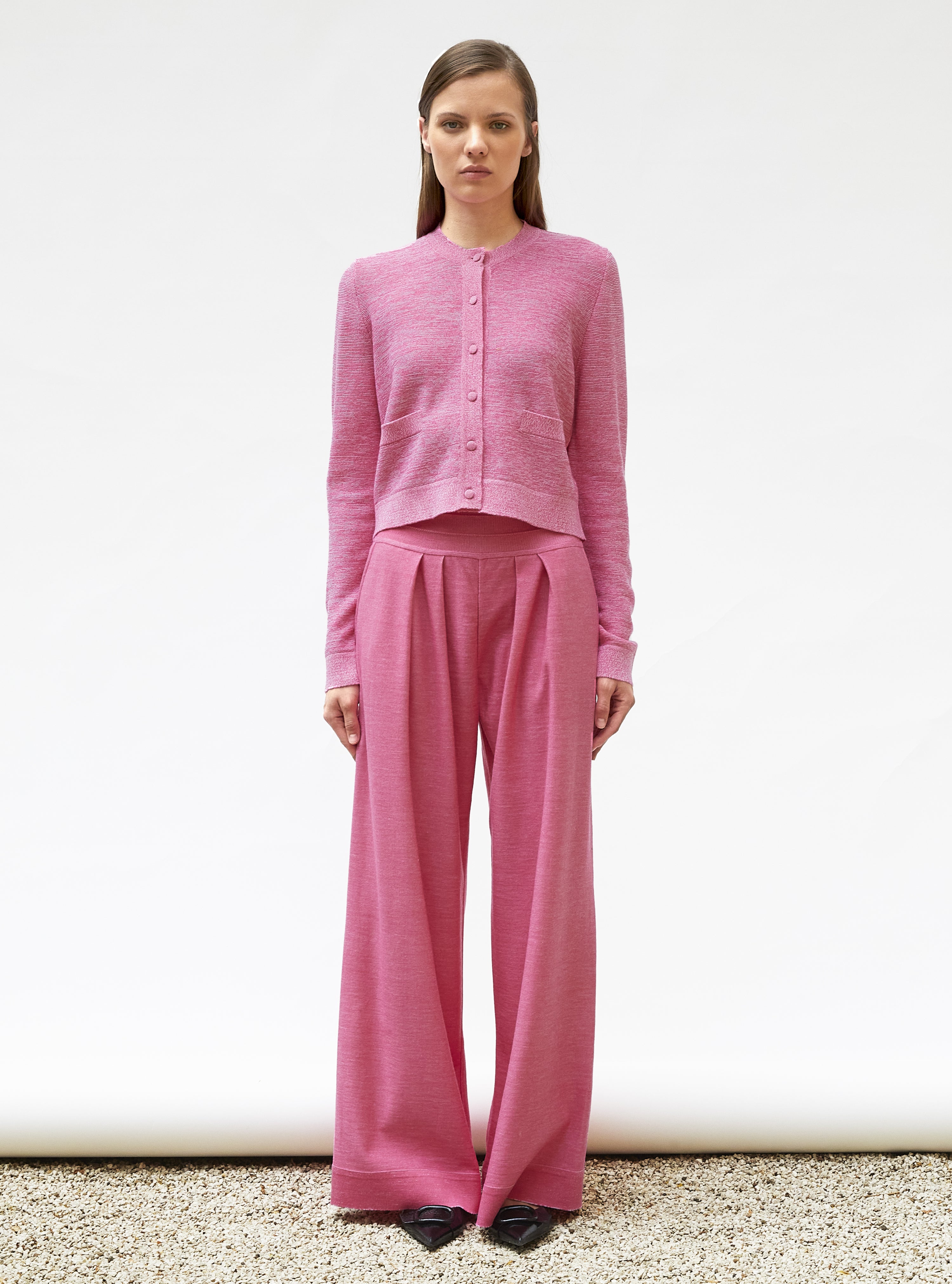 Cardigan de luxe femme - Cardigan maille point mousse rose mouliné