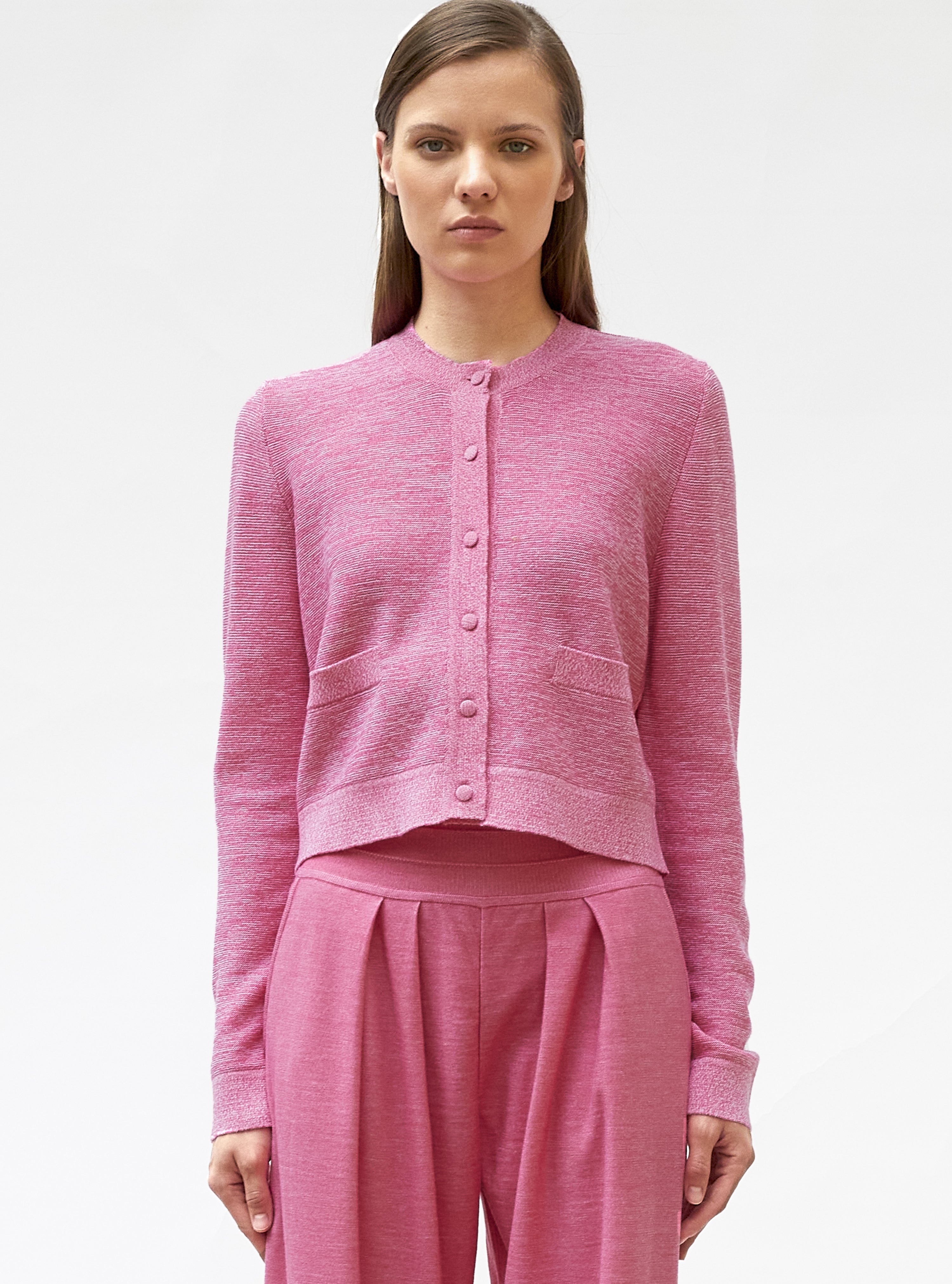 Cardigan maille point mousse rose mouliné - Vêtement en maille de luxe Molli