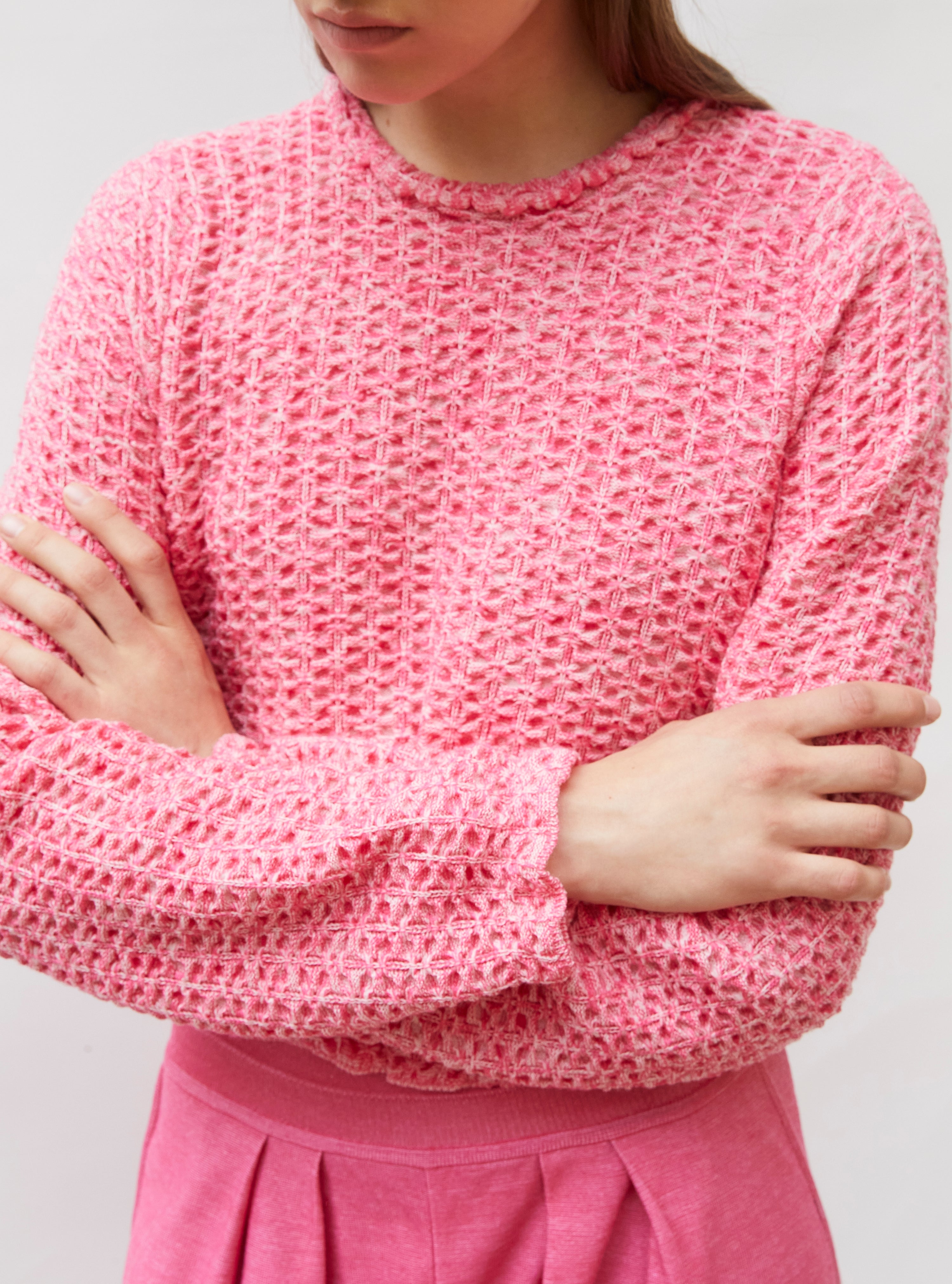 Top col rond maille tweedée Rose mouliné - Jupe de luxe 