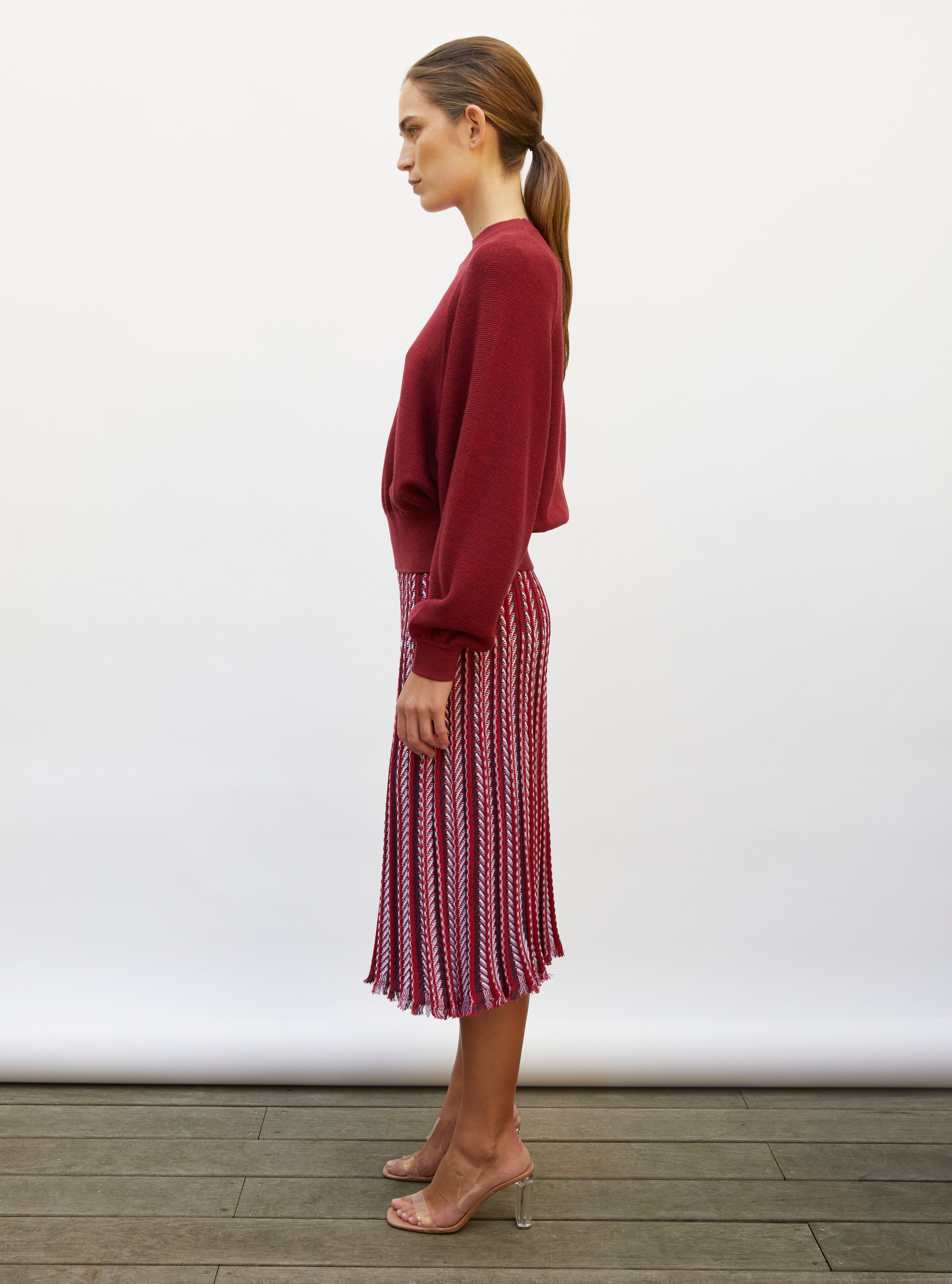 Jupe de luxe femme - Jupe fluide maille chevron grenat-milk