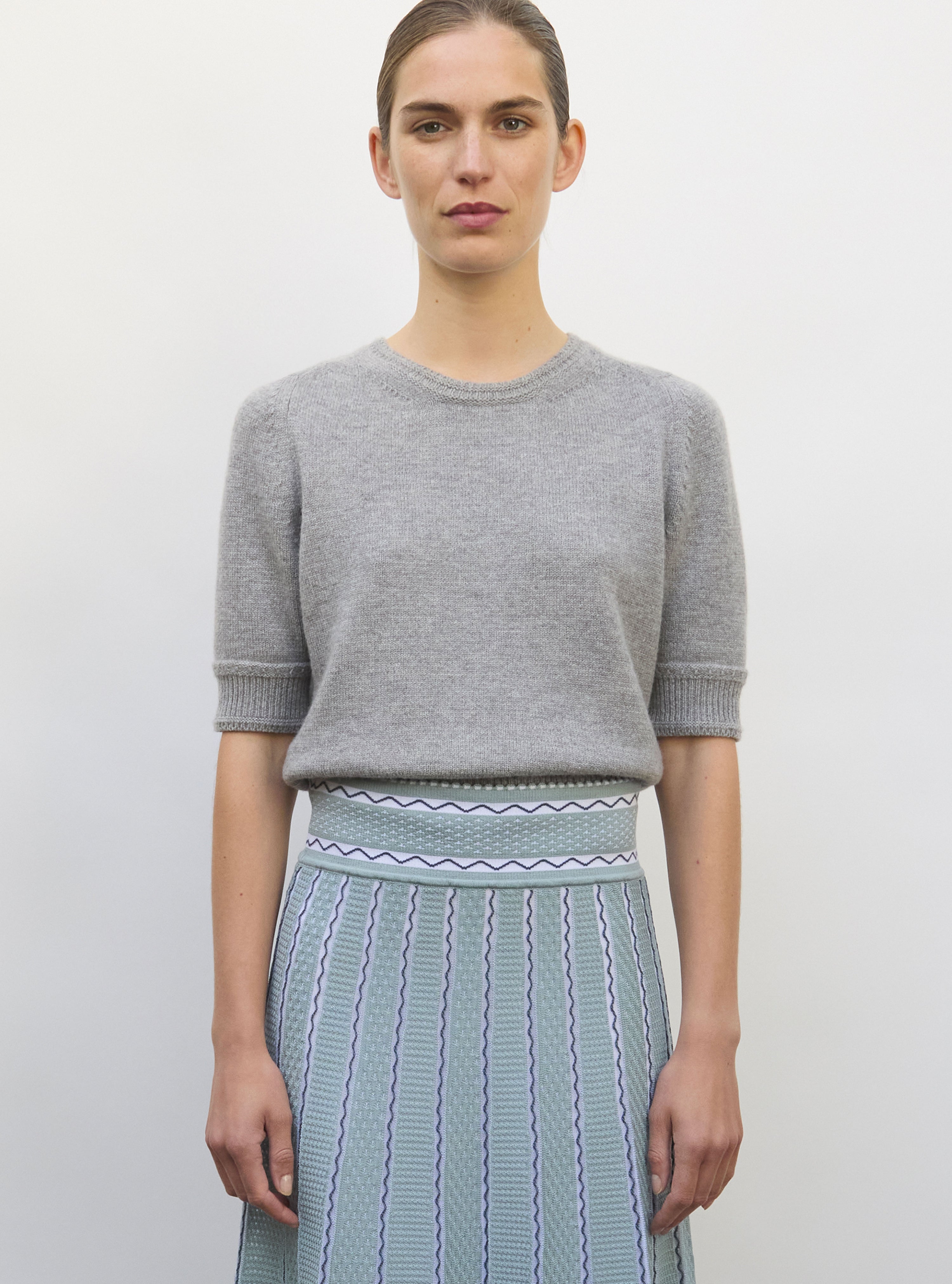 Top maille manches coudes gris chiné - Vêtement en maille de luxe Molli