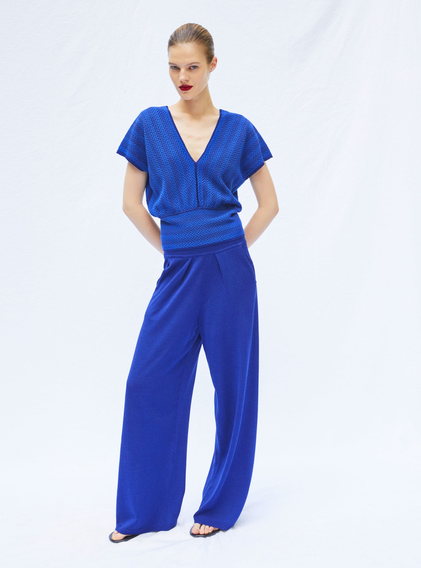 pantalon de luxe femme - pantalon fluide maille légère bleu faience