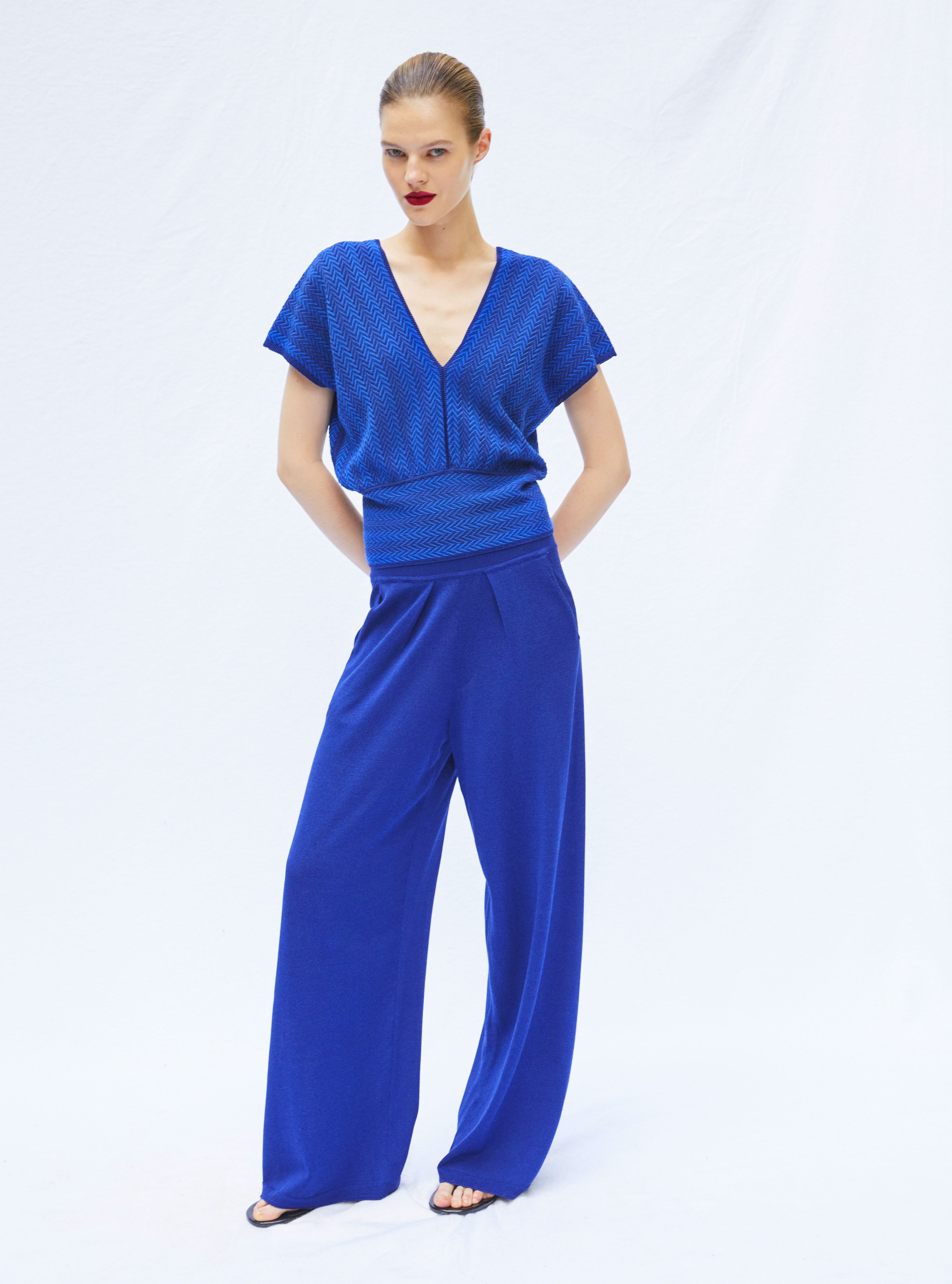 pantalon de luxe femme - pantalon fluide maille légère bleu faience