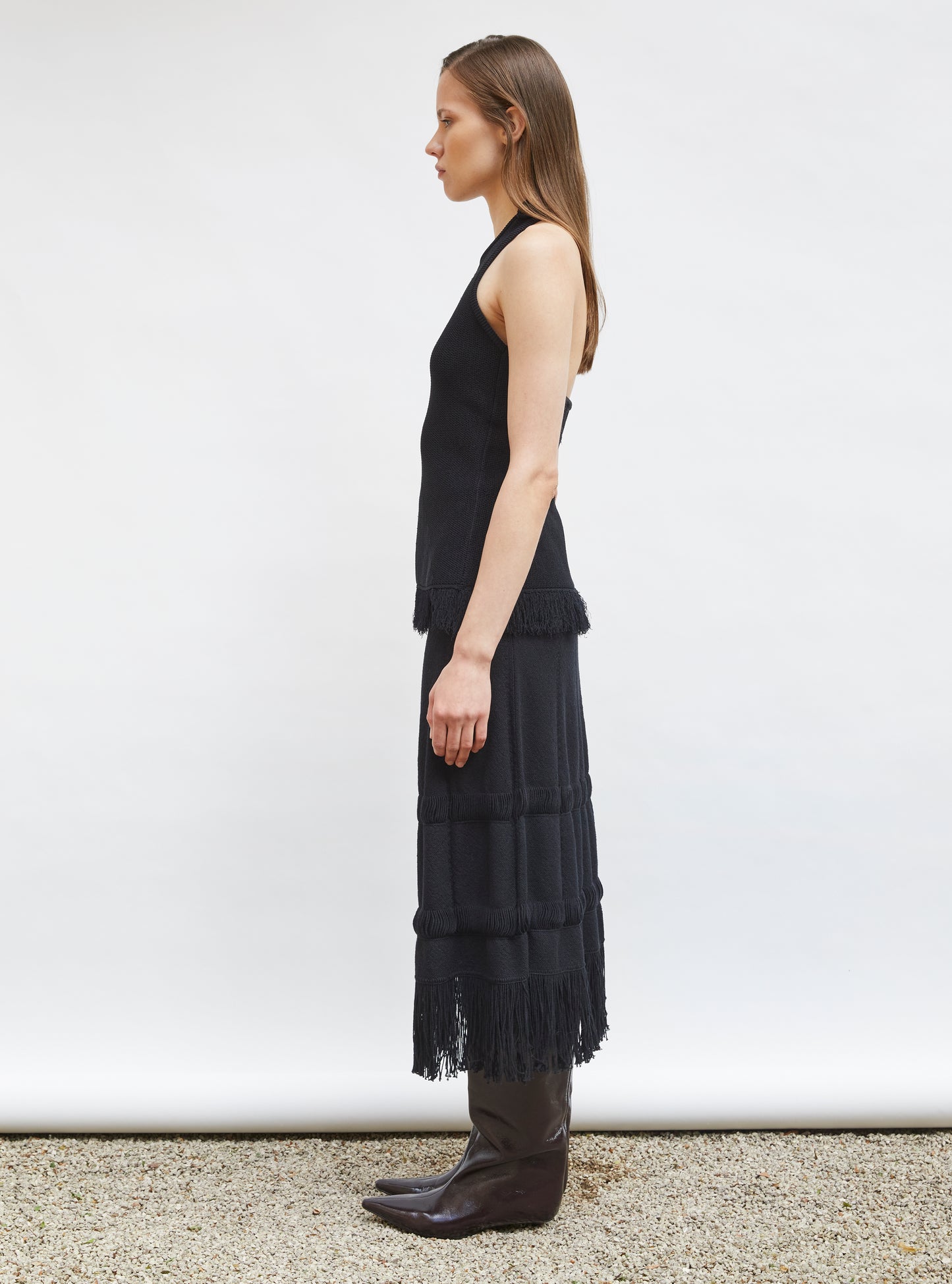 Jupe de luxe femme - Jupe crayon maille à franges Noir profond