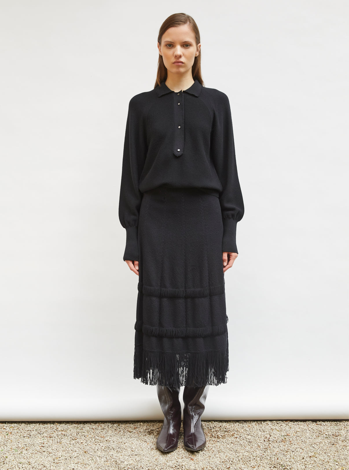 Jupe crayon maille à franges Noir profond - Vêtement en maille de luxe Molli