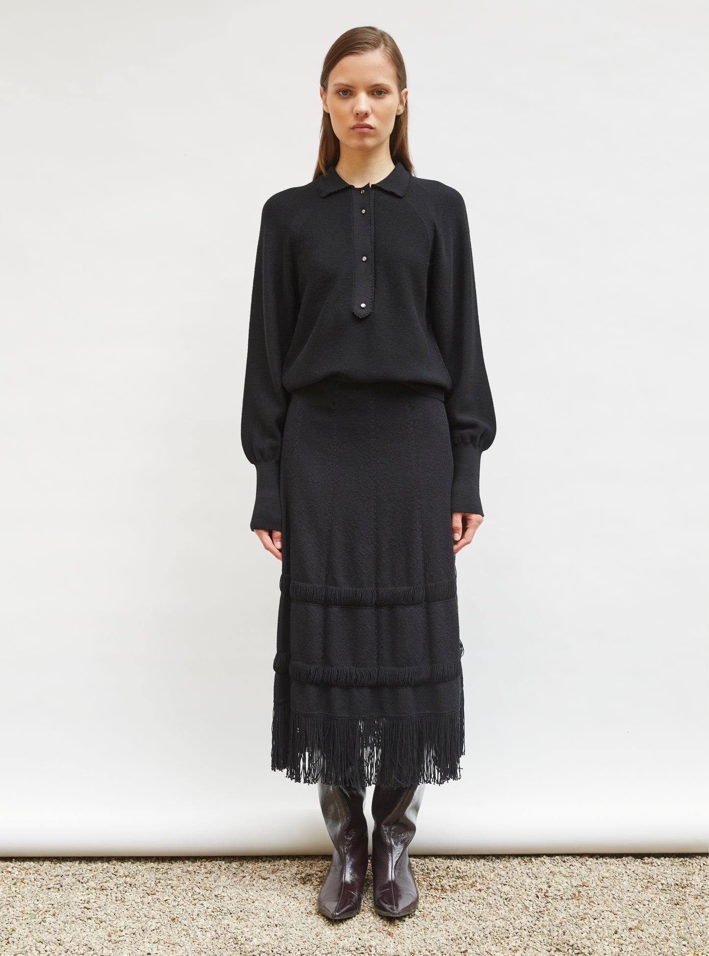 Jupe crayon maille à franges Noir profond - Vêtement en maille de luxe Molli