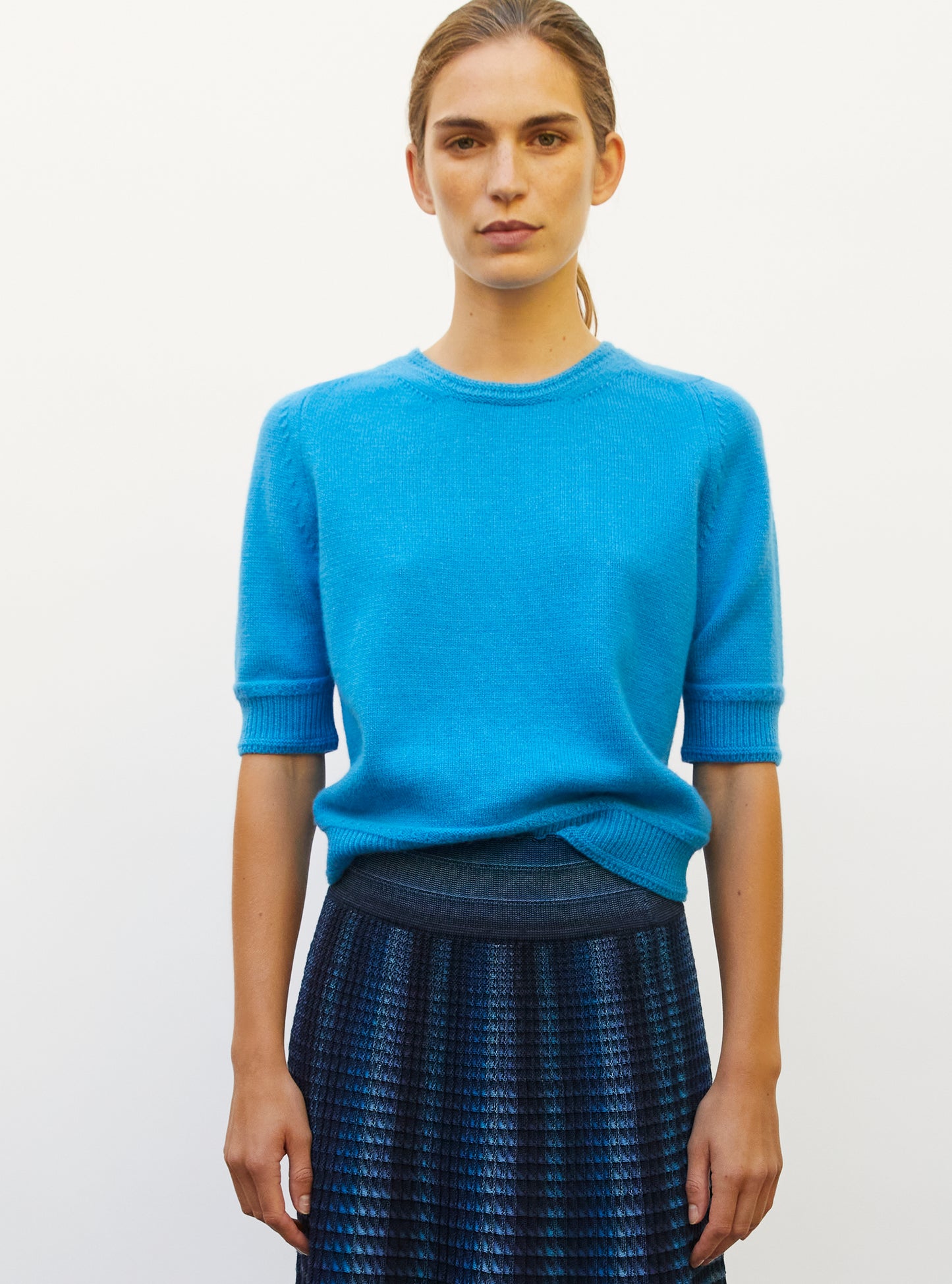 Top maille manches coudes turquoise - Vêtement en maille de luxe Molli