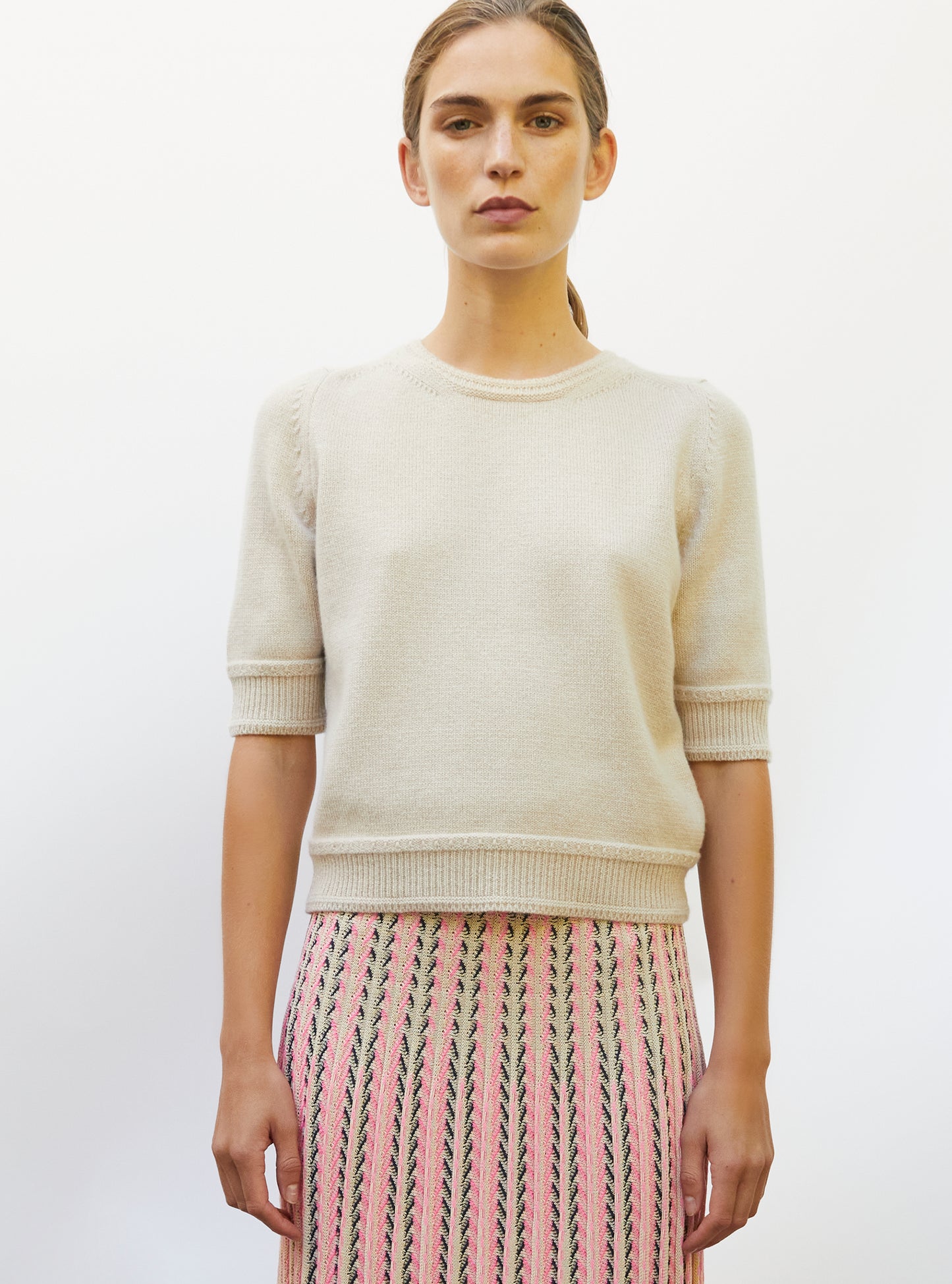 Top maille manches coudes muesli - Vêtement en maille de luxe Molli