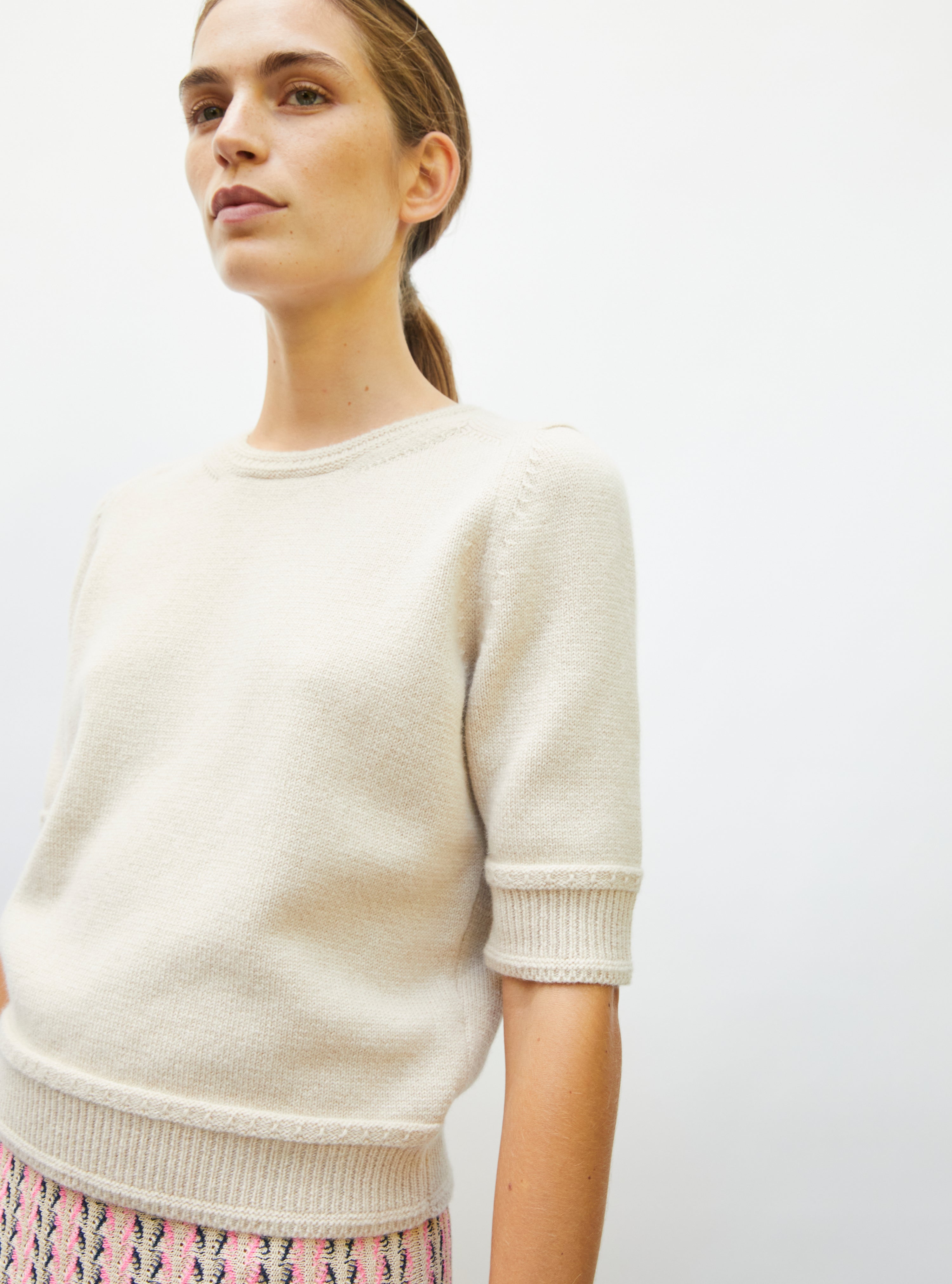 Top maille manches coudes muesli - Vêtement de luxe femme