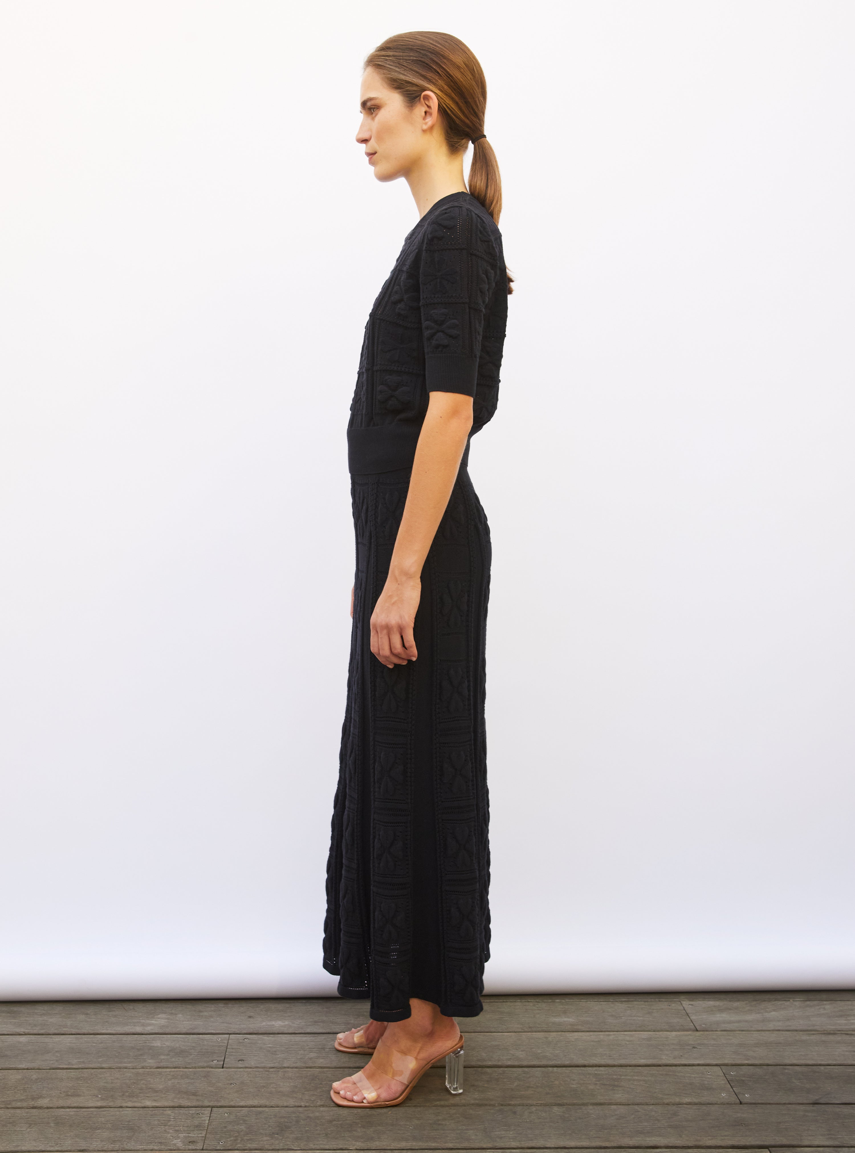 Jupe longue maille trèfle noir profond - Jupe longue de luxe