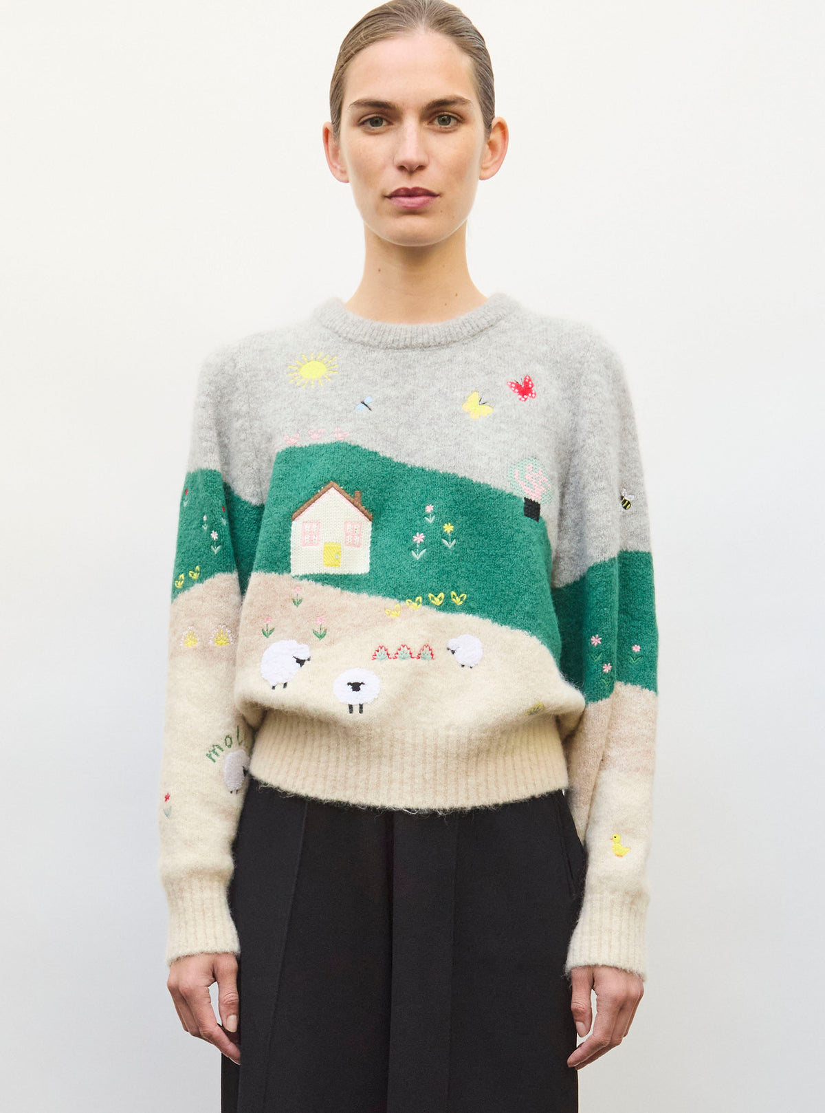 Pull moelleux paysage brodé multi - Vêtement de luxe femme