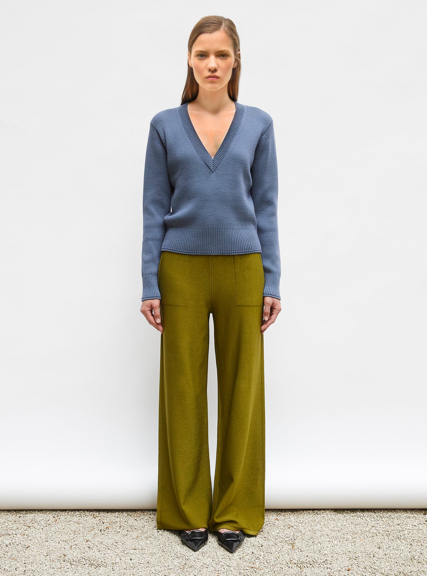 Pantalon taille haute maille jersey Olive - Pantalon de luxe 