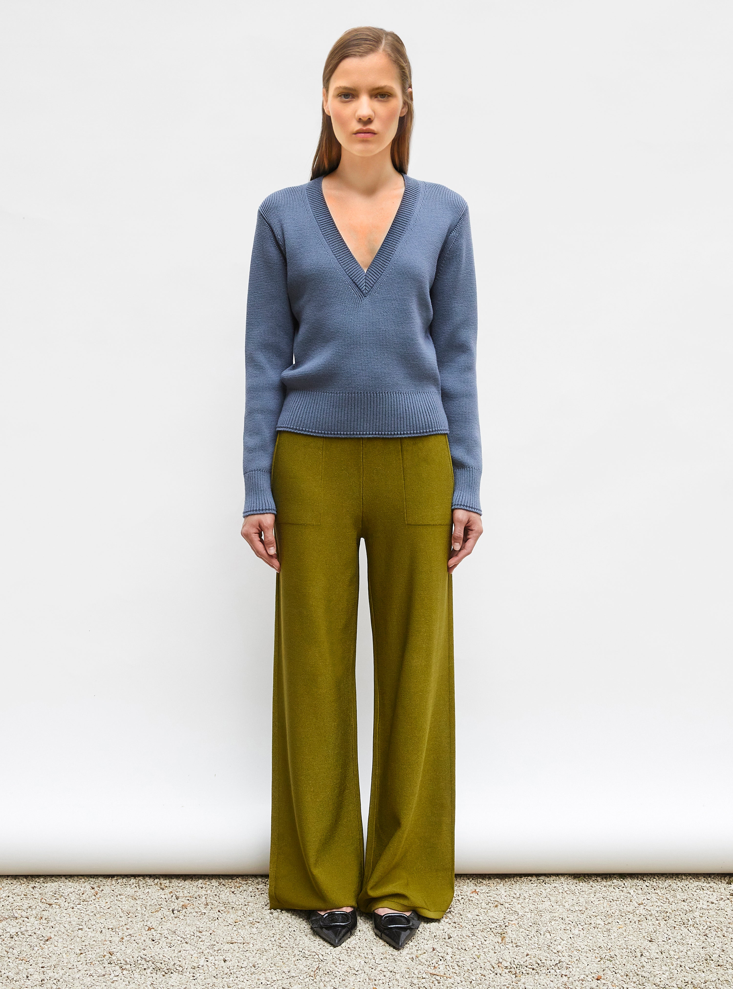 Pantalon taille haute maille jersey Olive - Pantalon de luxe 