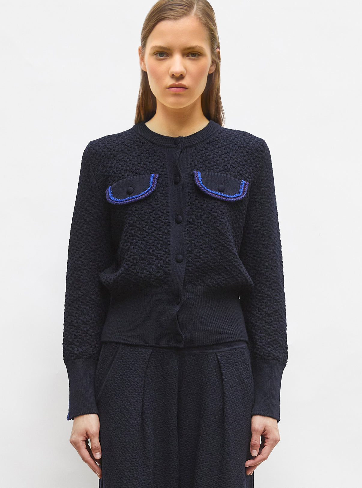 Veste maille brodée main nuit - Vêtement en maille de luxe Molli