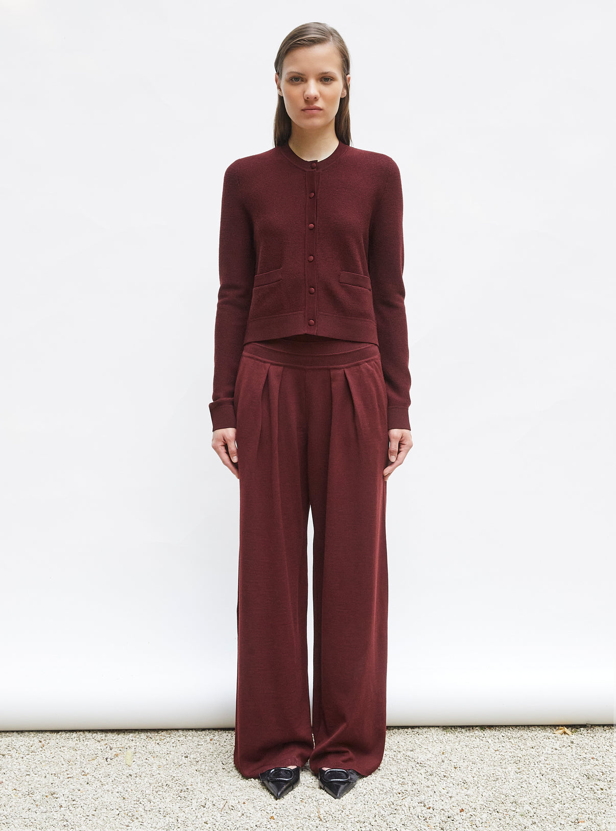 Pantalon fluide maille fine jersey amarante - Vêtement en maille de luxe Molli
