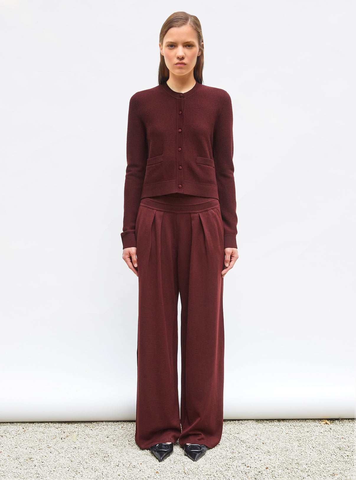 Pantalon fluide maille fine jersey amarante - Vêtement en maille de luxe Molli