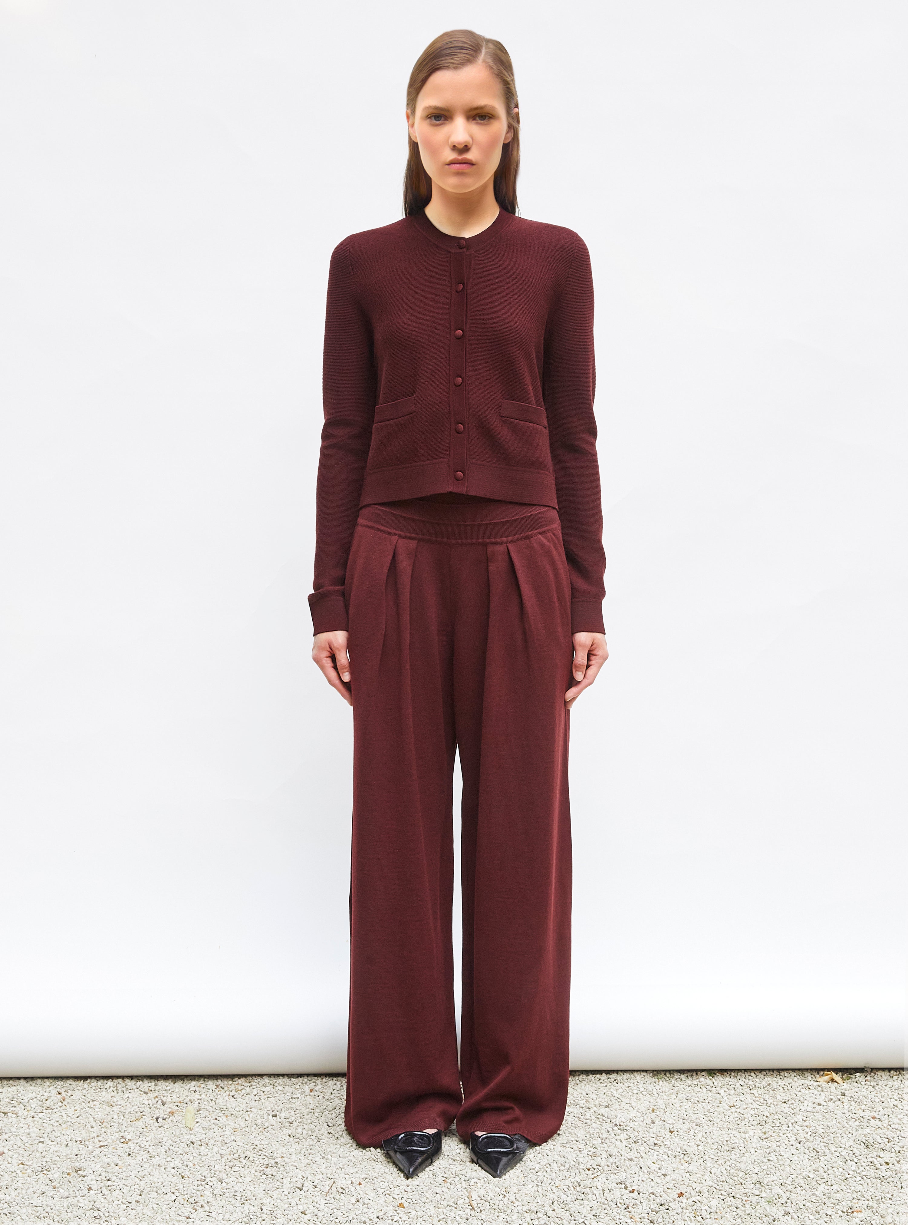 Pantalon fluide maille fine jersey amarante - Vêtement en maille de luxe Molli