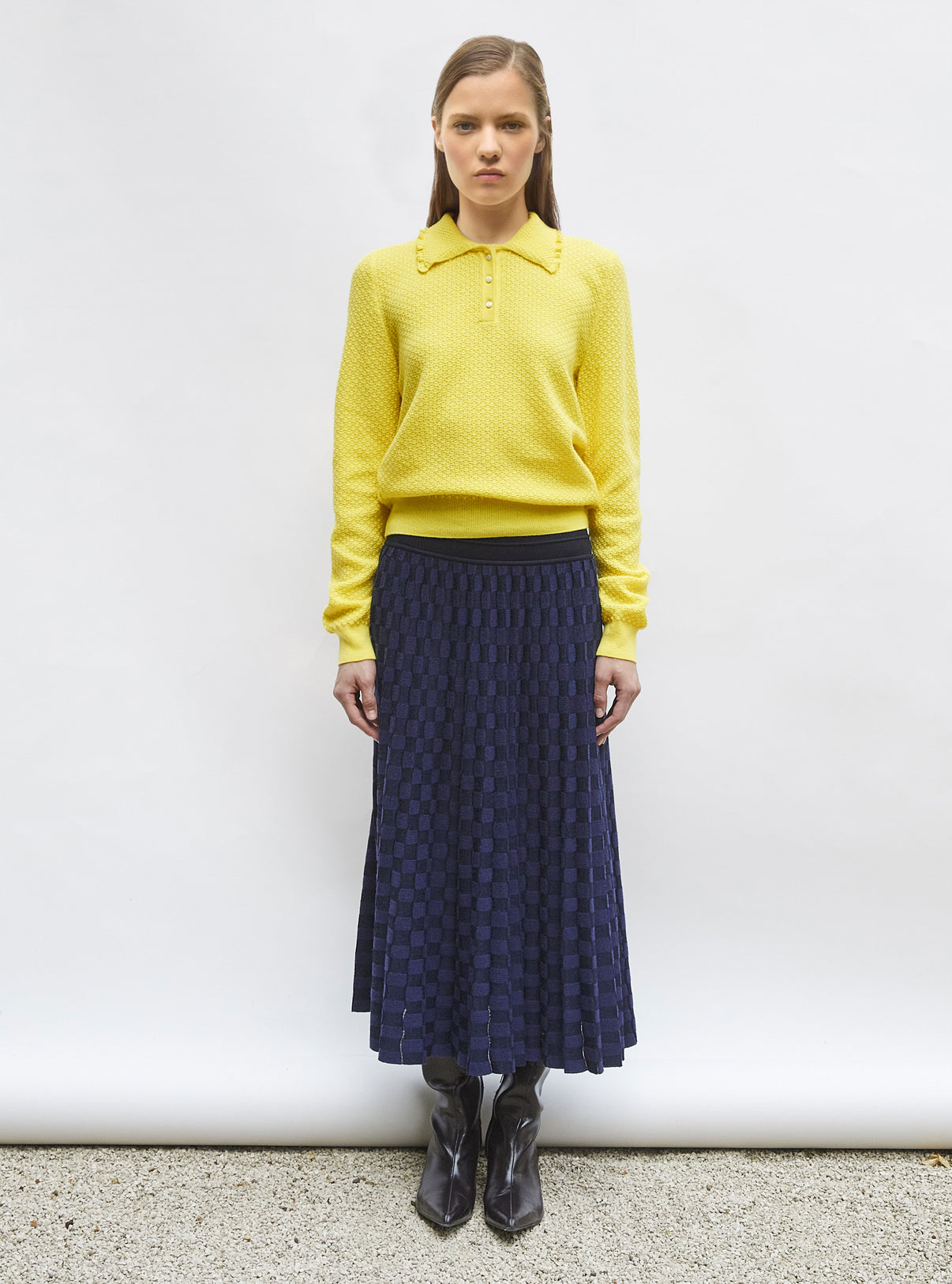 Chemise de luxe femme - Top fin maille col volanté Limoncello
