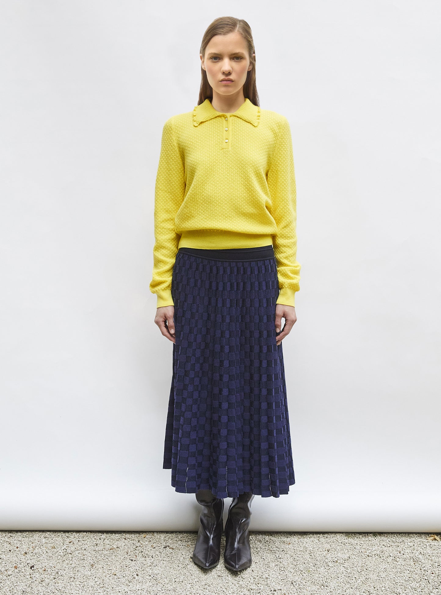 Chemise de luxe femme - Top fin maille col volanté Limoncello