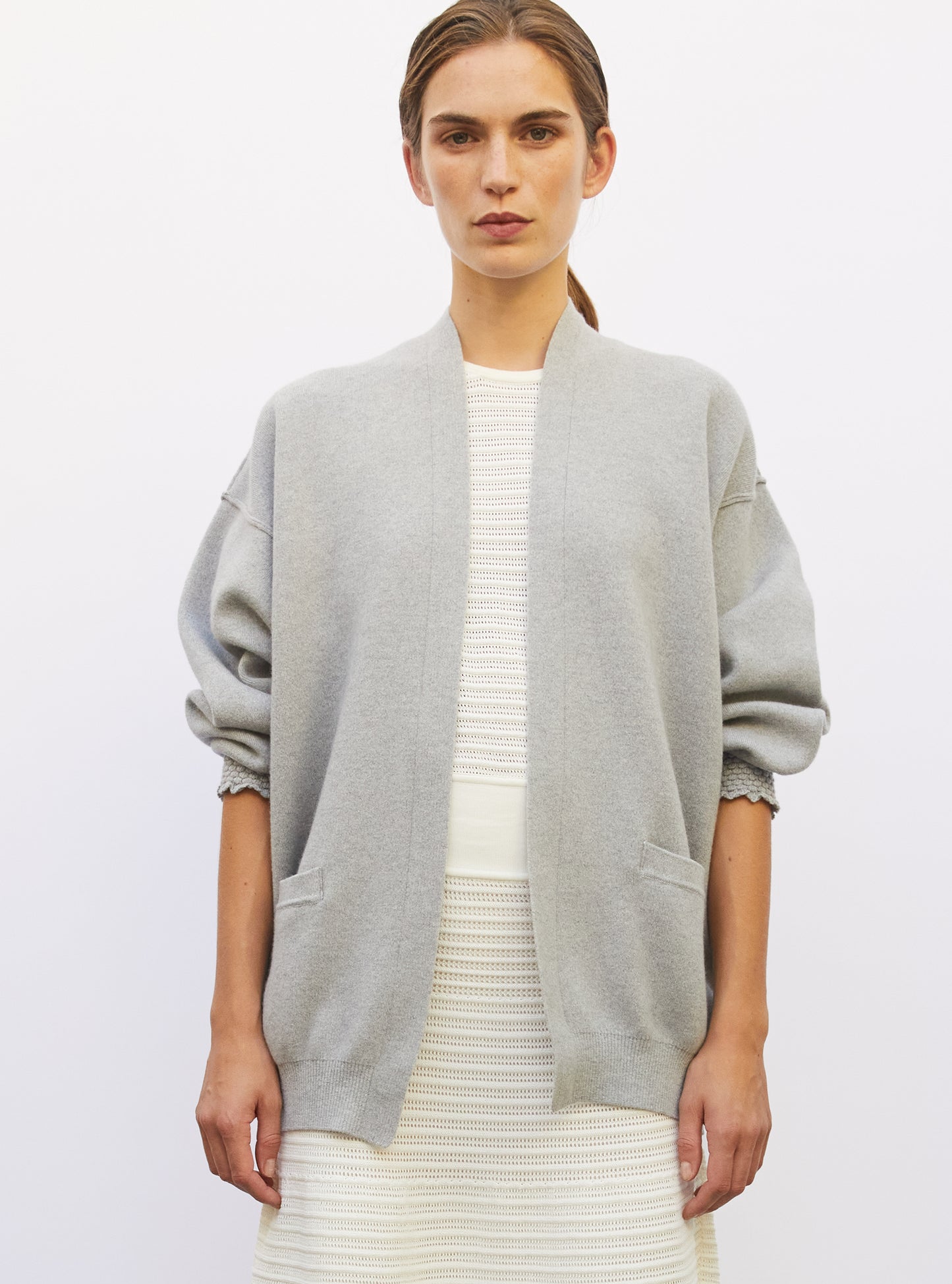 Cardigan finitions smockées gris souris - Vêtement en maille de luxe Molli