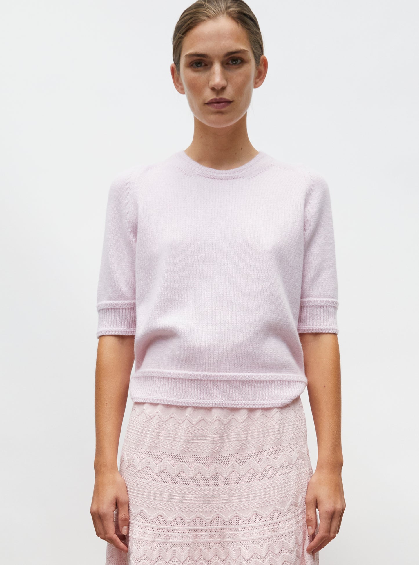 Top maille manches coudes rose doux - Vêtement en maille de luxe Molli