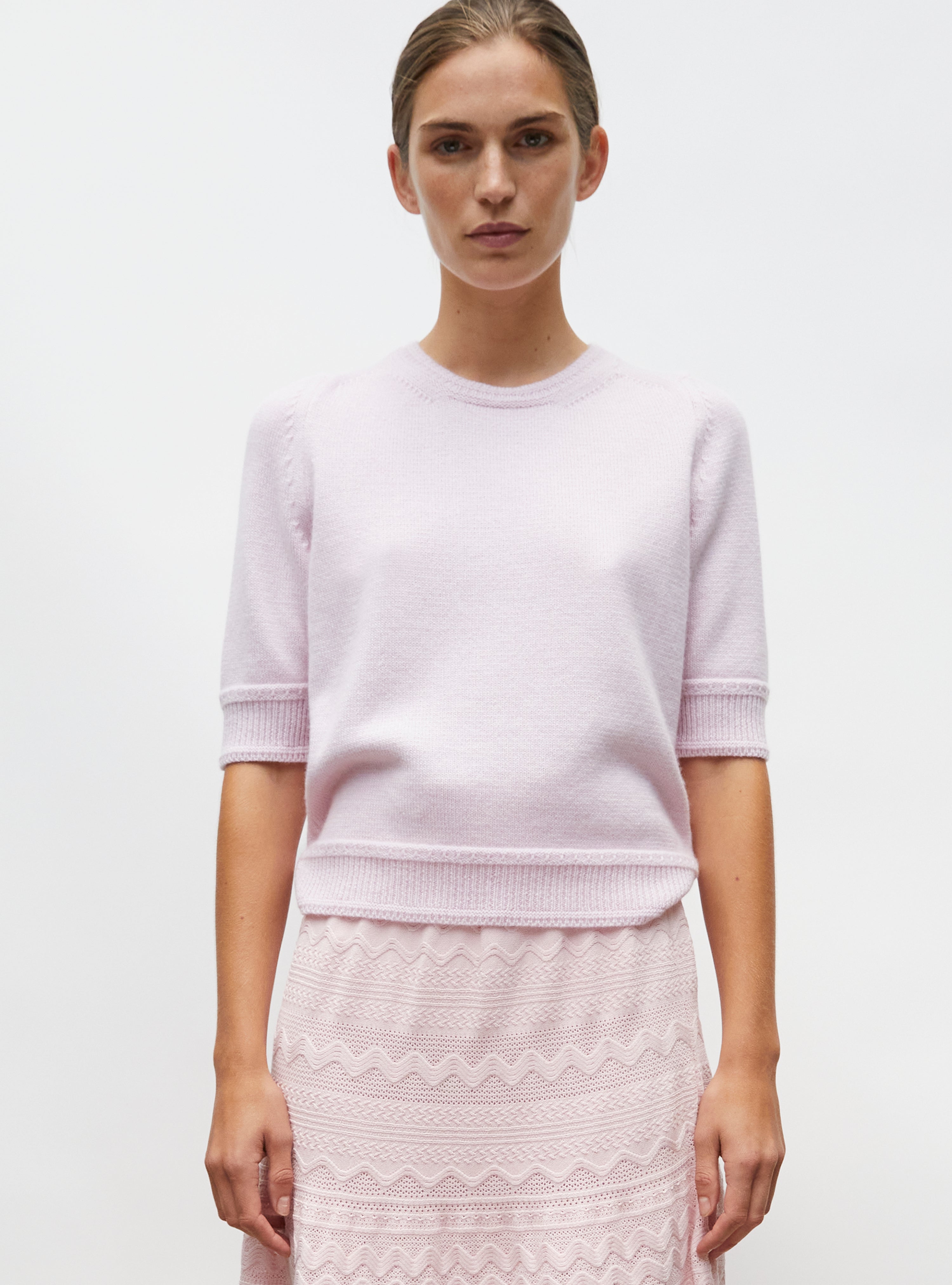 Top maille manches coudes rose doux - Vêtement en maille de luxe Molli