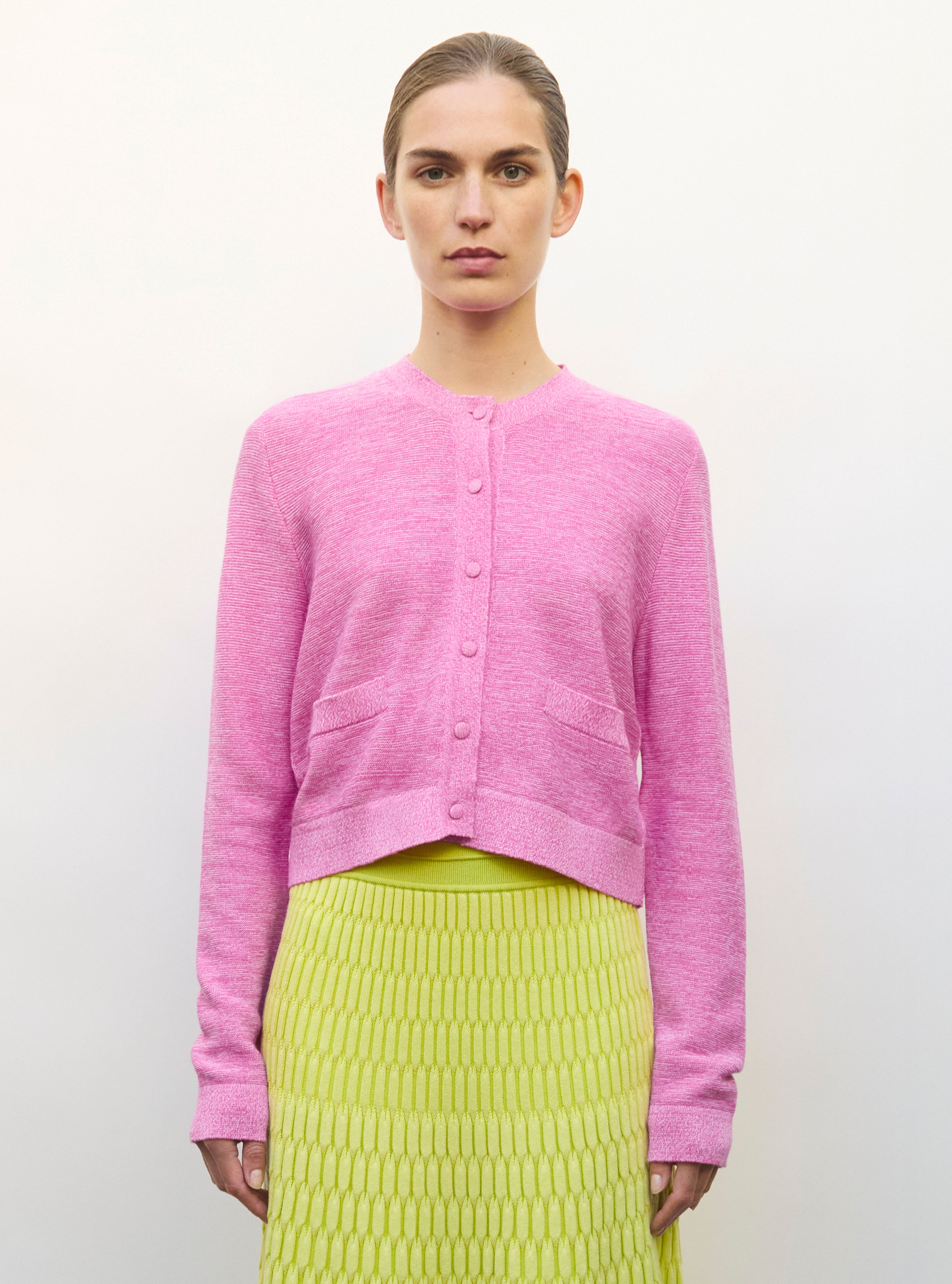 Cardigan maille point mousse rose mouliné - Vêtement en maille de luxe Molli