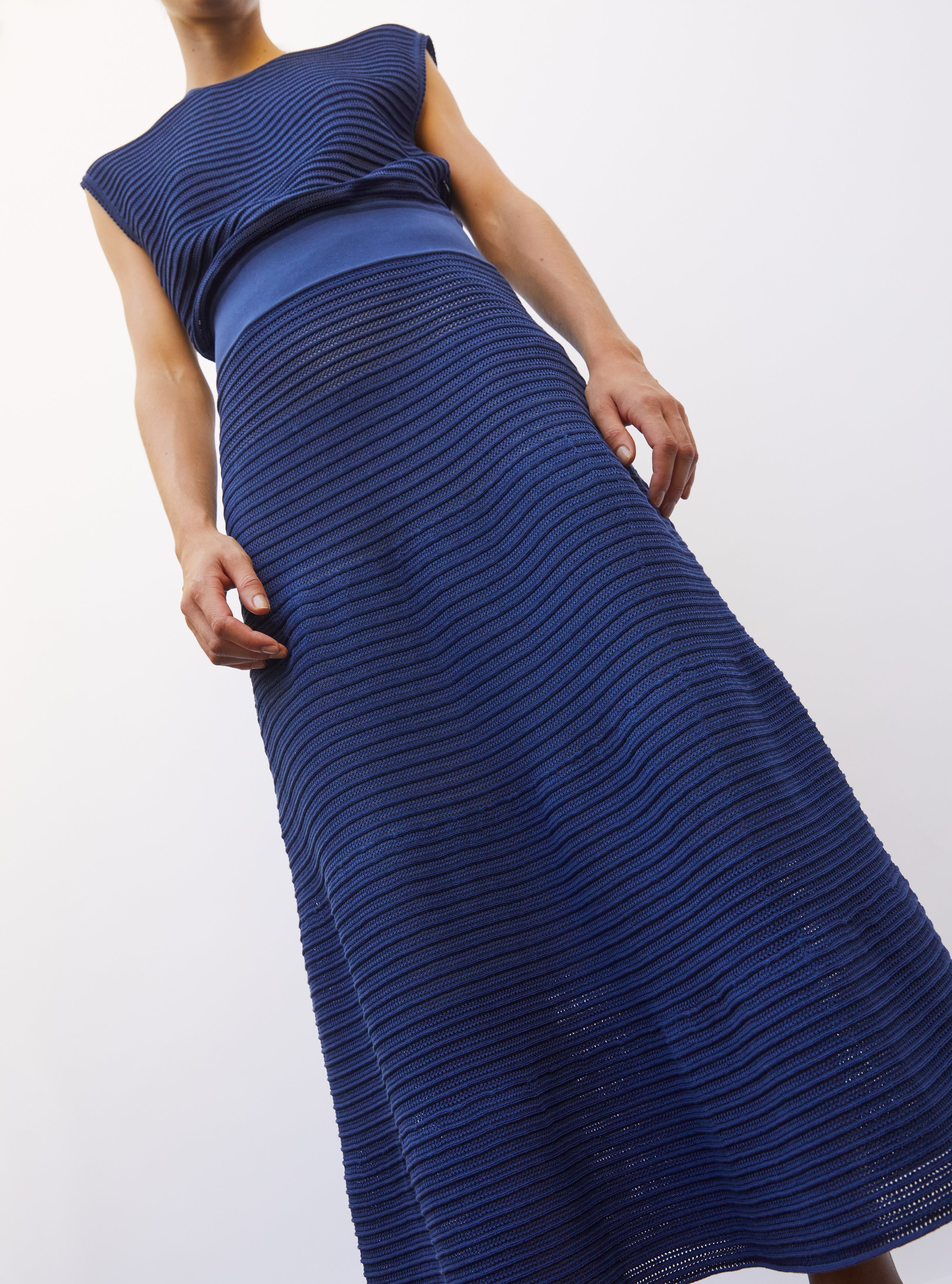Robe de luxe femme - Robe longue maille pointelle bleu faïence