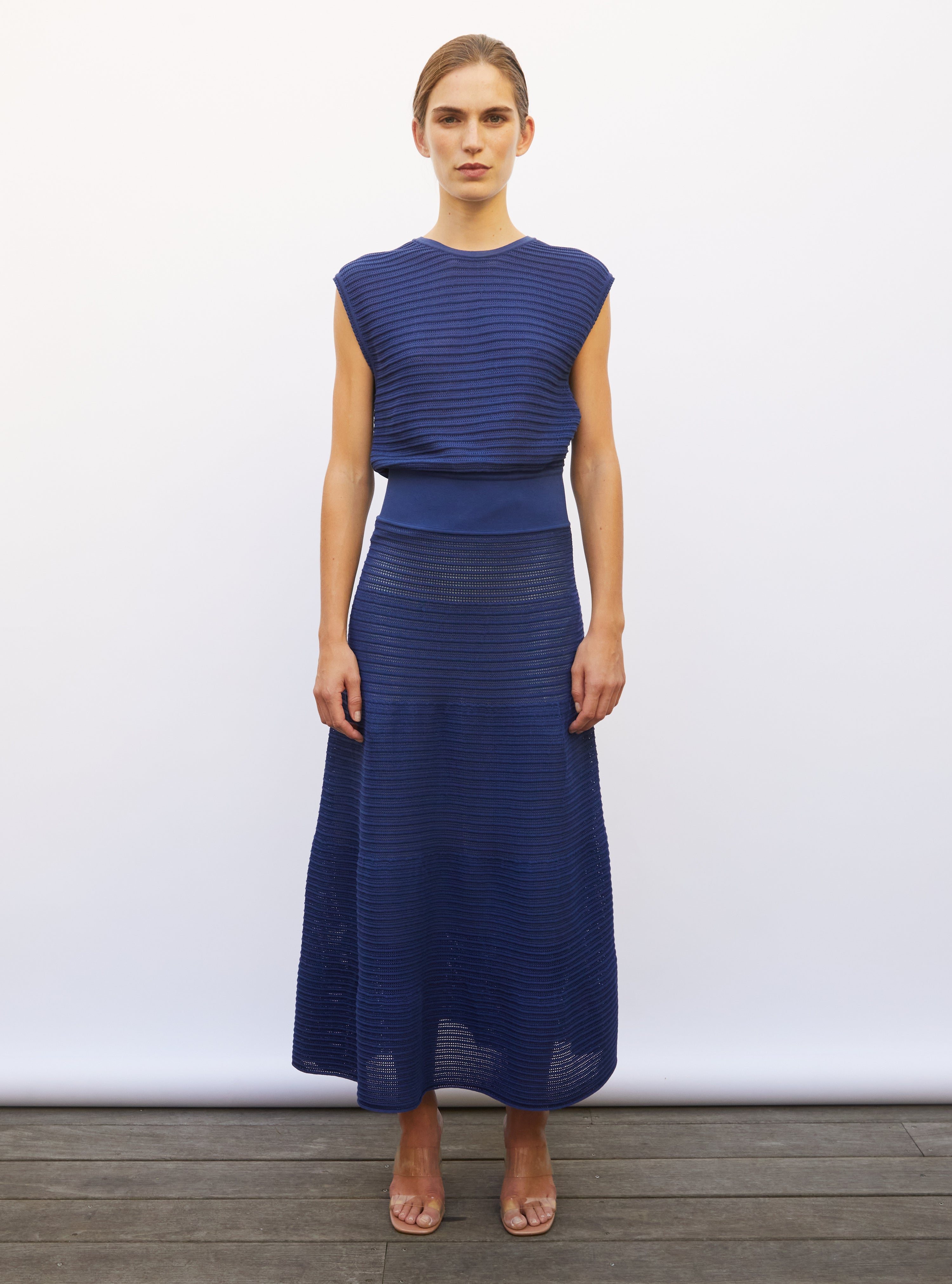 Robe longue maille pointelle bleu faïence - Vêtement en maille de luxe Molli