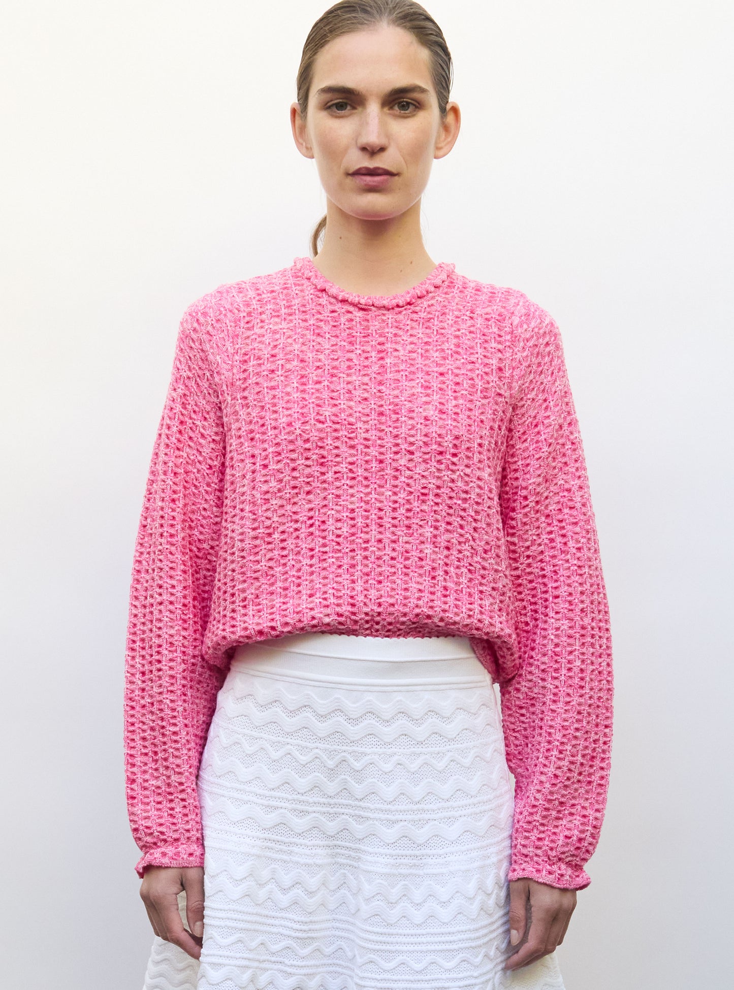Top col rond maille tweedée Rose mouliné - Vêtement en maille de luxe Molli