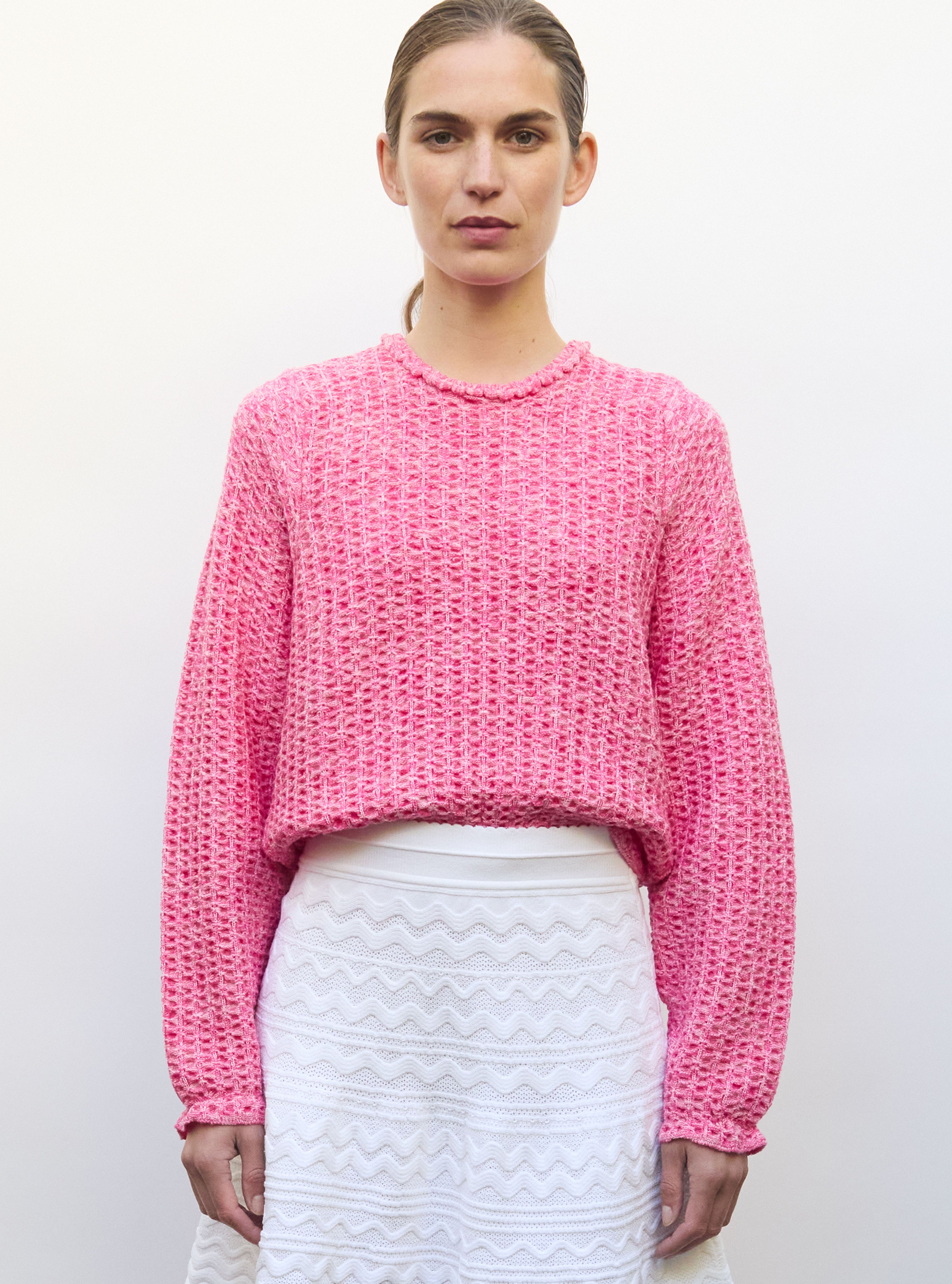 Top col rond maille tweedée Rose mouliné - Vêtement en maille de luxe Molli