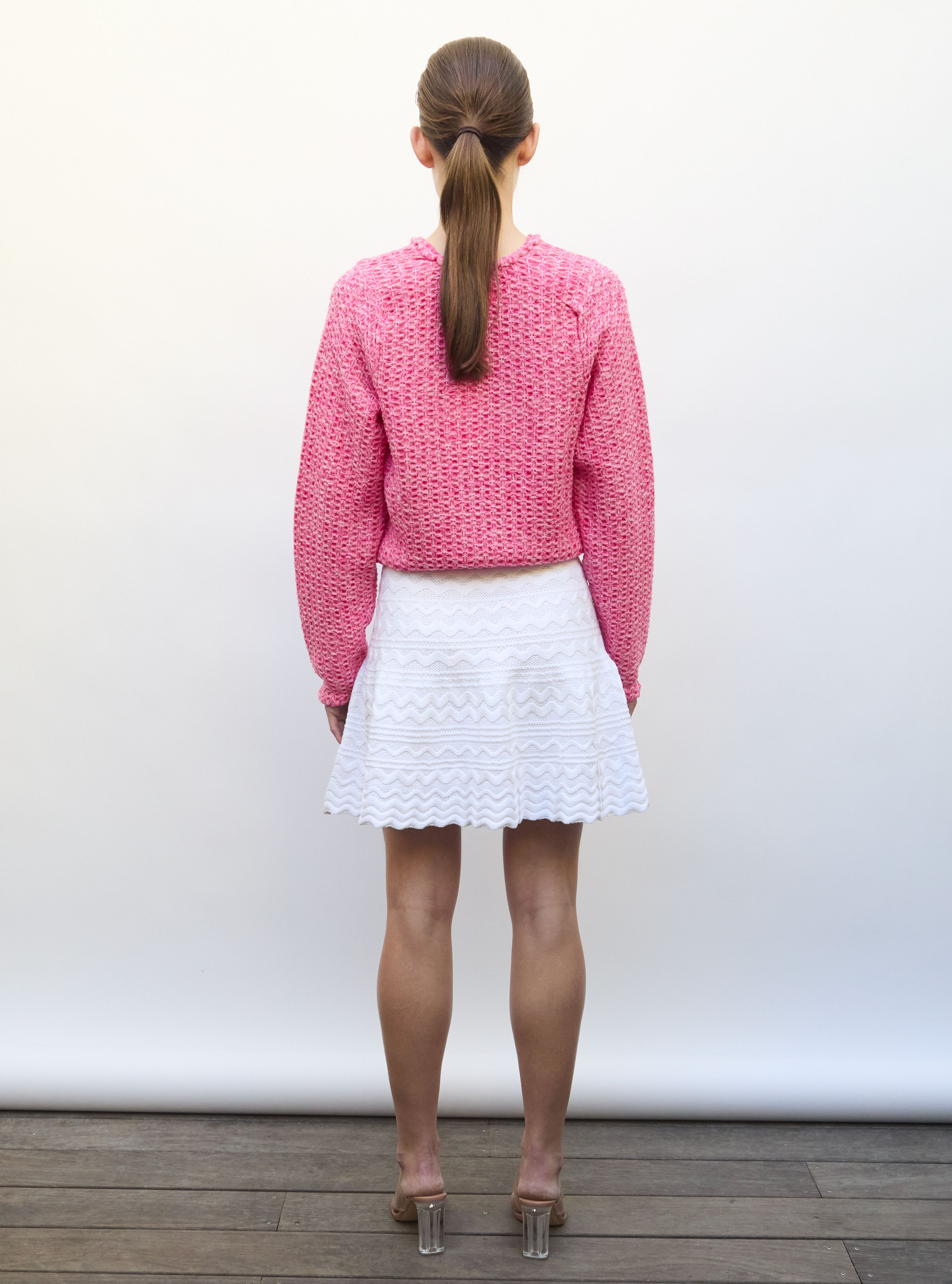 Top col rond maille tweedée Rose mouliné - Top de luxe