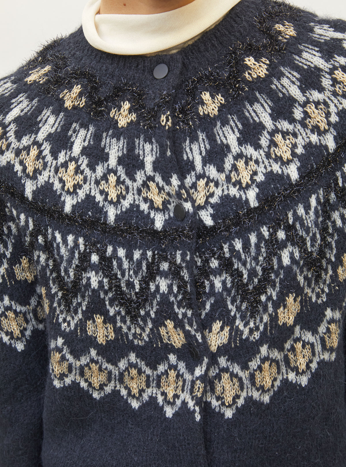 Cardigan en maille de luxe Molli - Cardigan jacquard fair isle noir profond