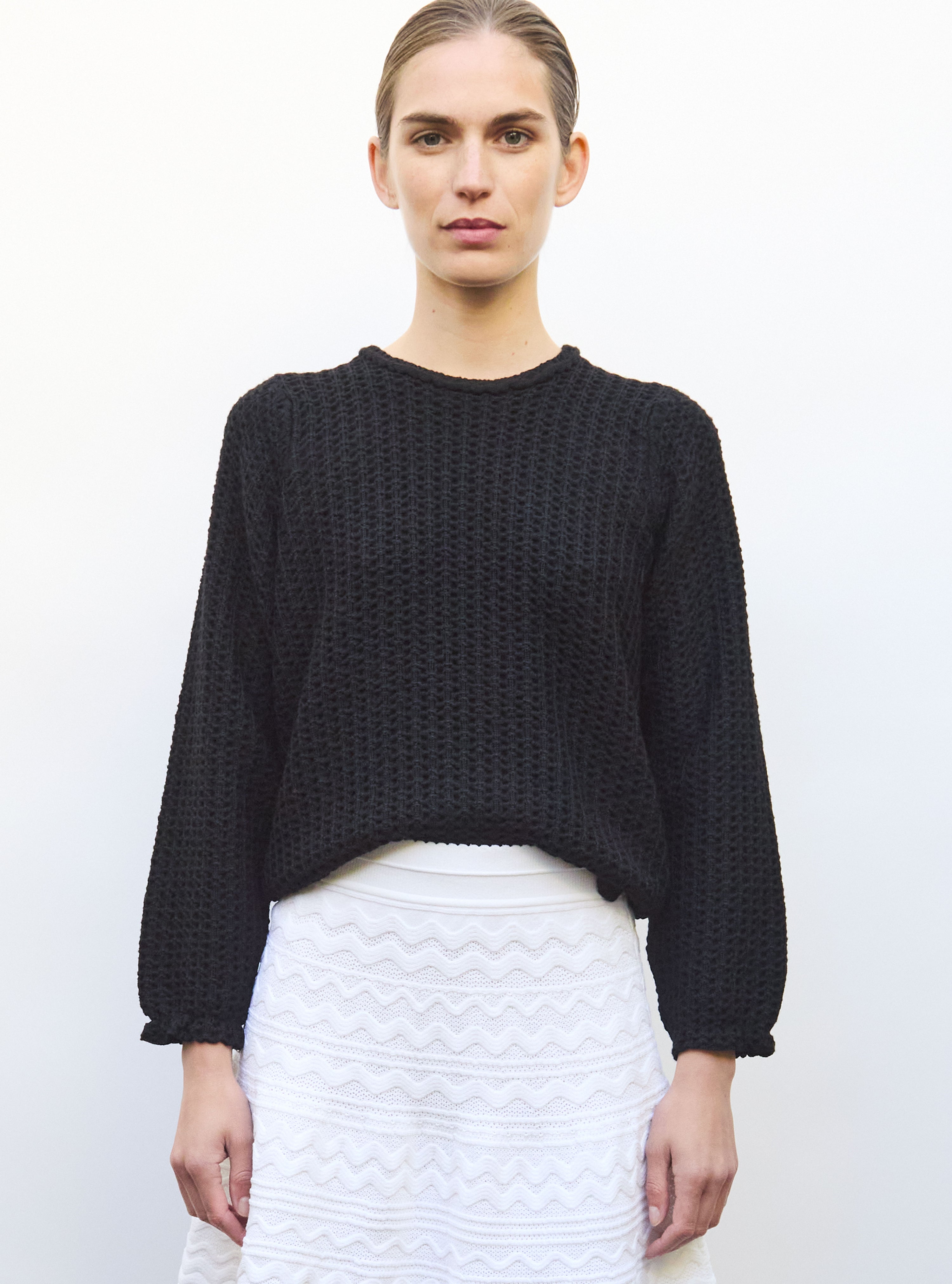 Top col rond maille tweedée noir profond - Vêtement en maille de luxe Molli