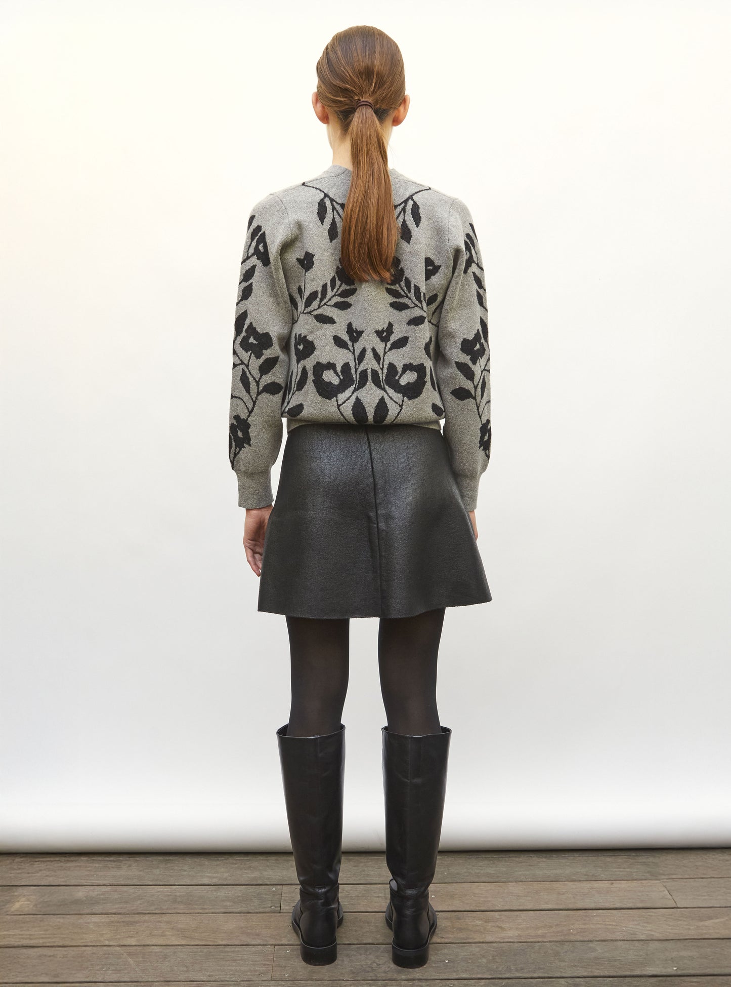 Top de luxe femme - Sweater maille jacquard gris chine-noir profond 