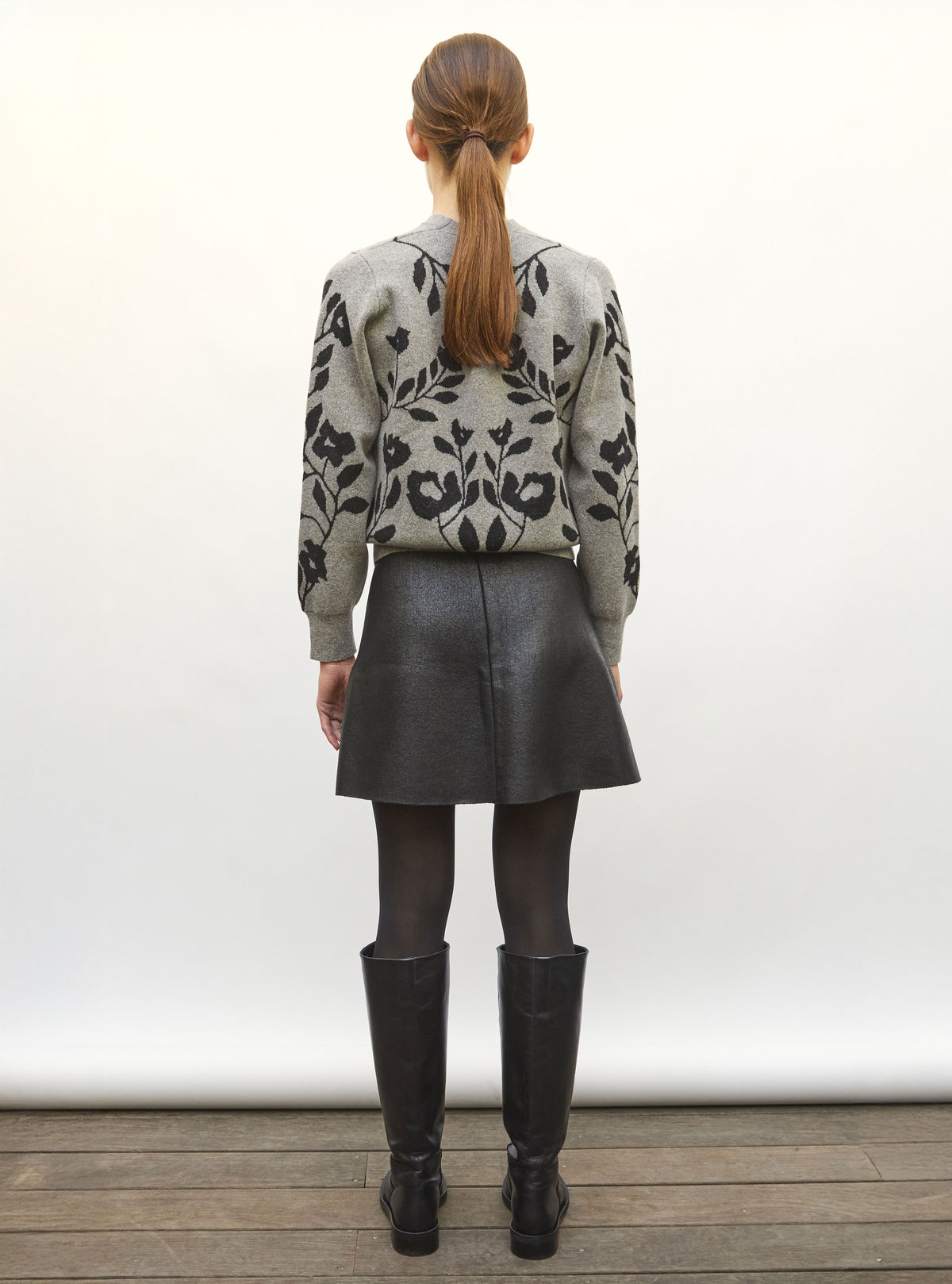 Top de luxe femme - Sweater maille jacquard gris chine-noir profond 