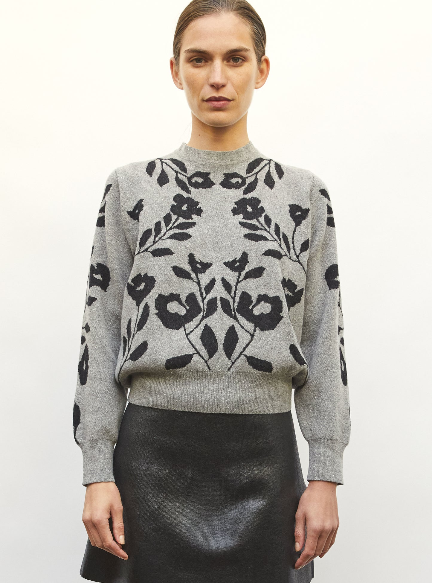 Sweater maille jacquard gris chine-noir profond - Vêtement de luxe femme