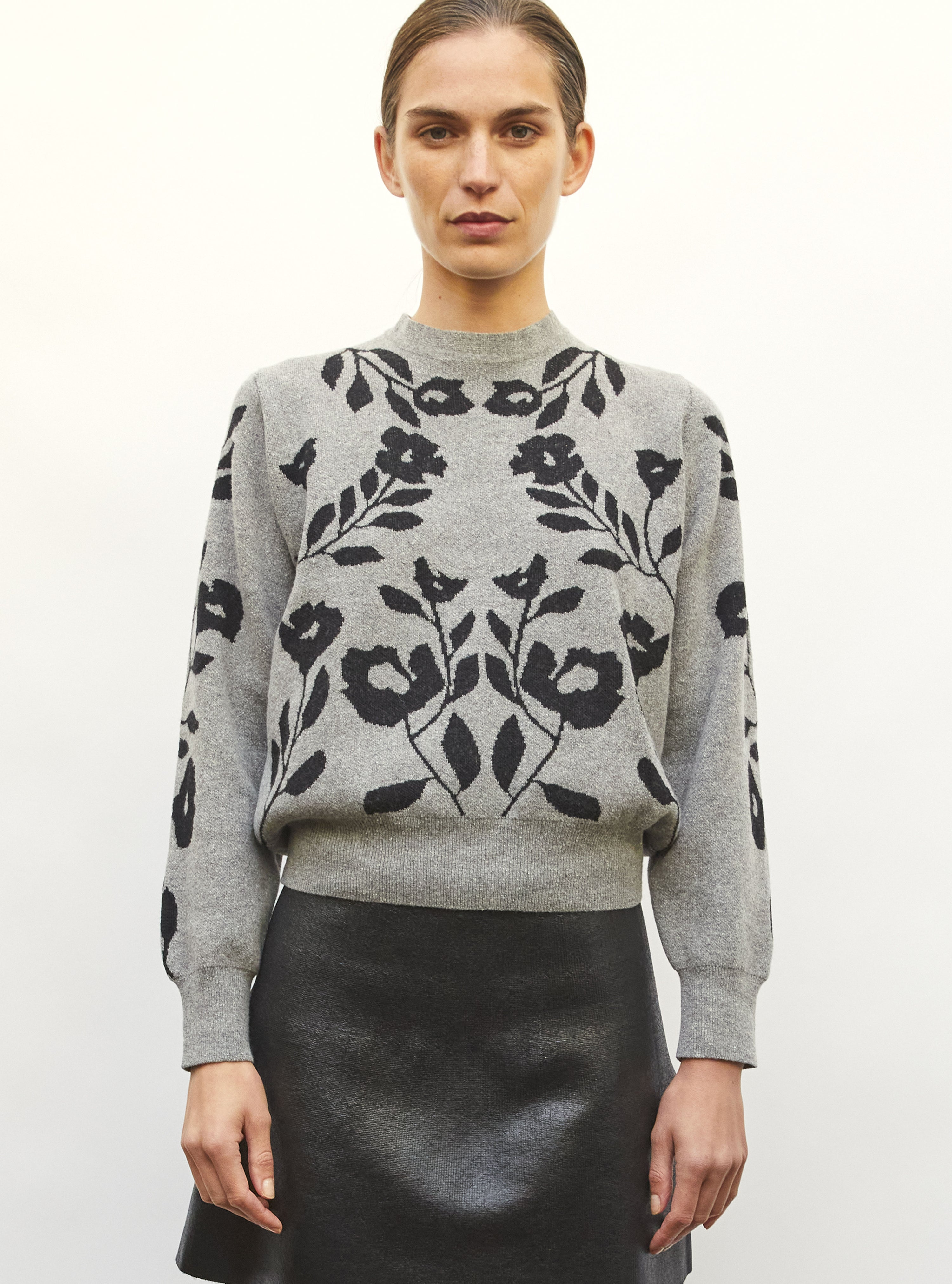 Sweater maille jacquard gris chine-noir profond - Vêtement de luxe femme