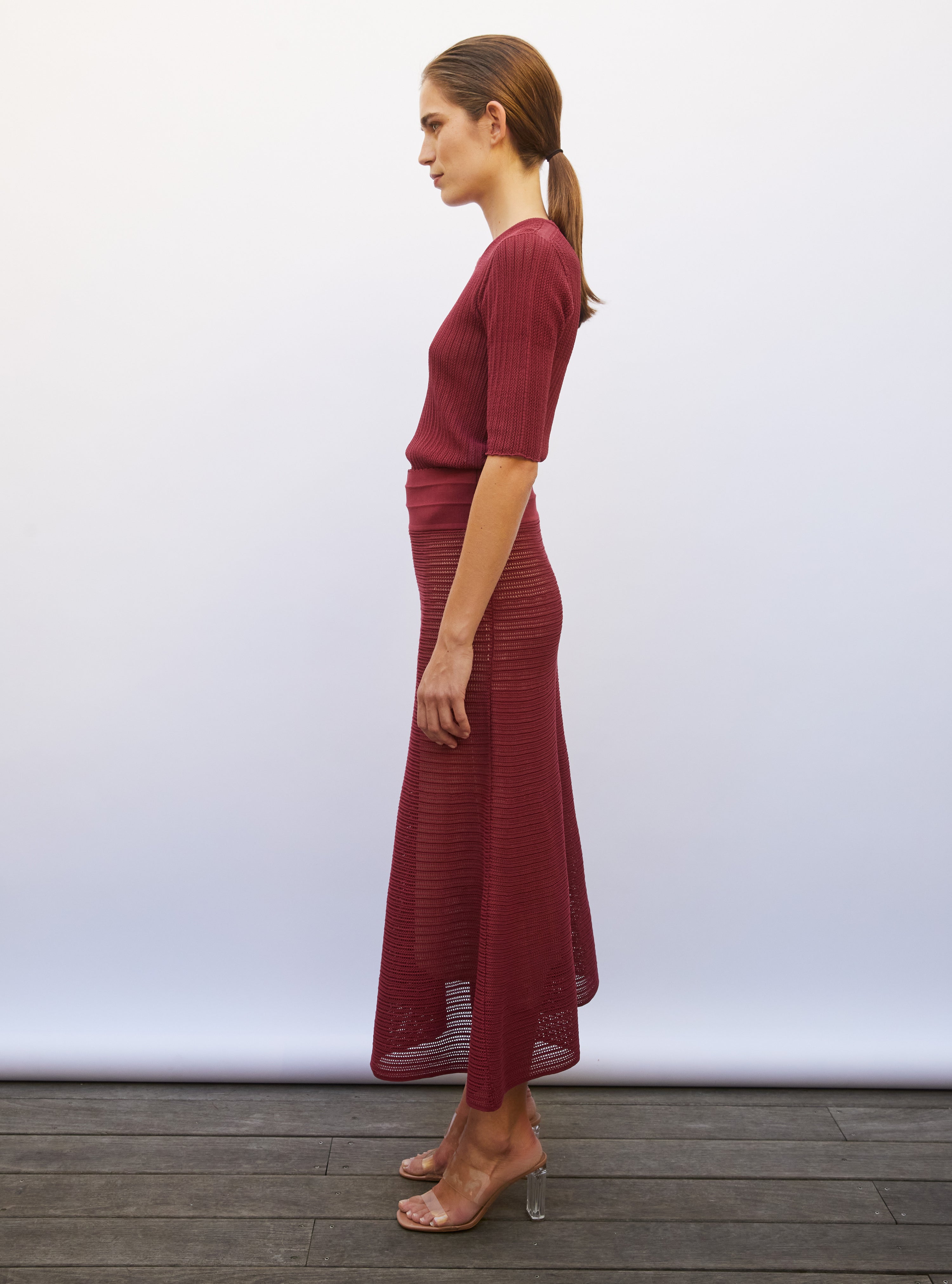 Jupe longue de luxe femme - Jupe longue maille pointelle rouge brûlé