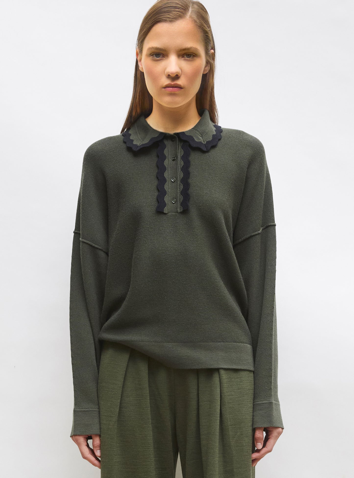 Chemise maille col croquet Kaki - Vêtement en maille de luxe Molli