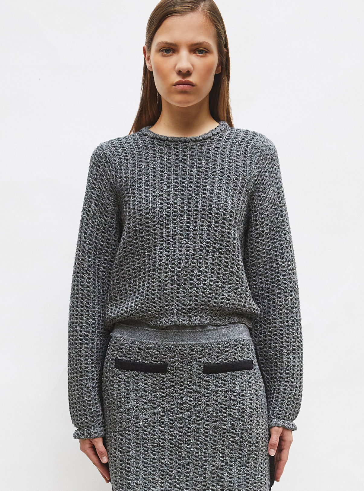 Jupe de luxe femme - Top col rond maille tweedée Noir mouliné
