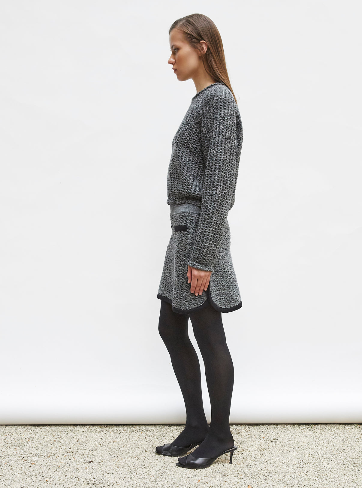 Top col rond maille tweedée Noir mouliné - Vêtement en maille de luxe femme